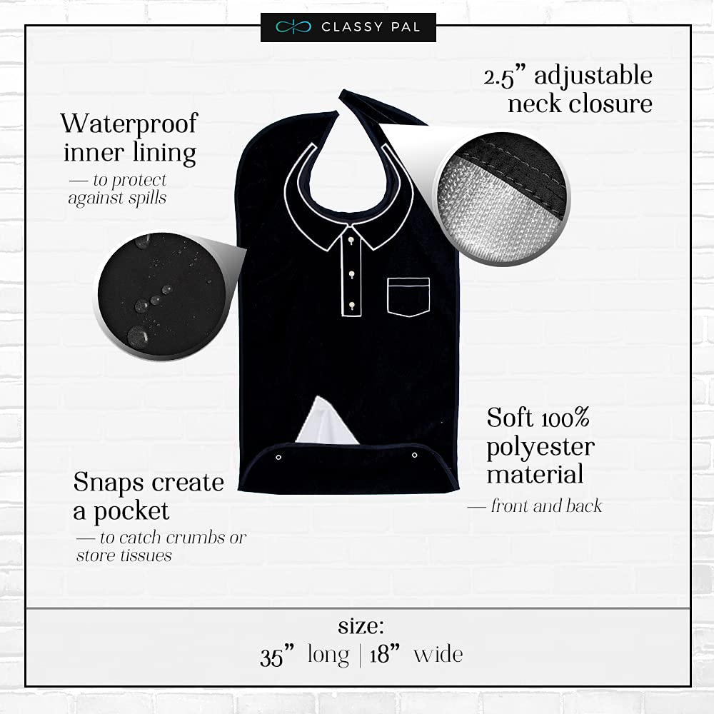 Dress 'n Dine™ Men's Adult Bibs - Reusable Washable Terry Cloth Crumb Catcher with Embroidered Design & Waterproof Protection - Ideal for Seniors, Eating, Dining & Mealtime Care