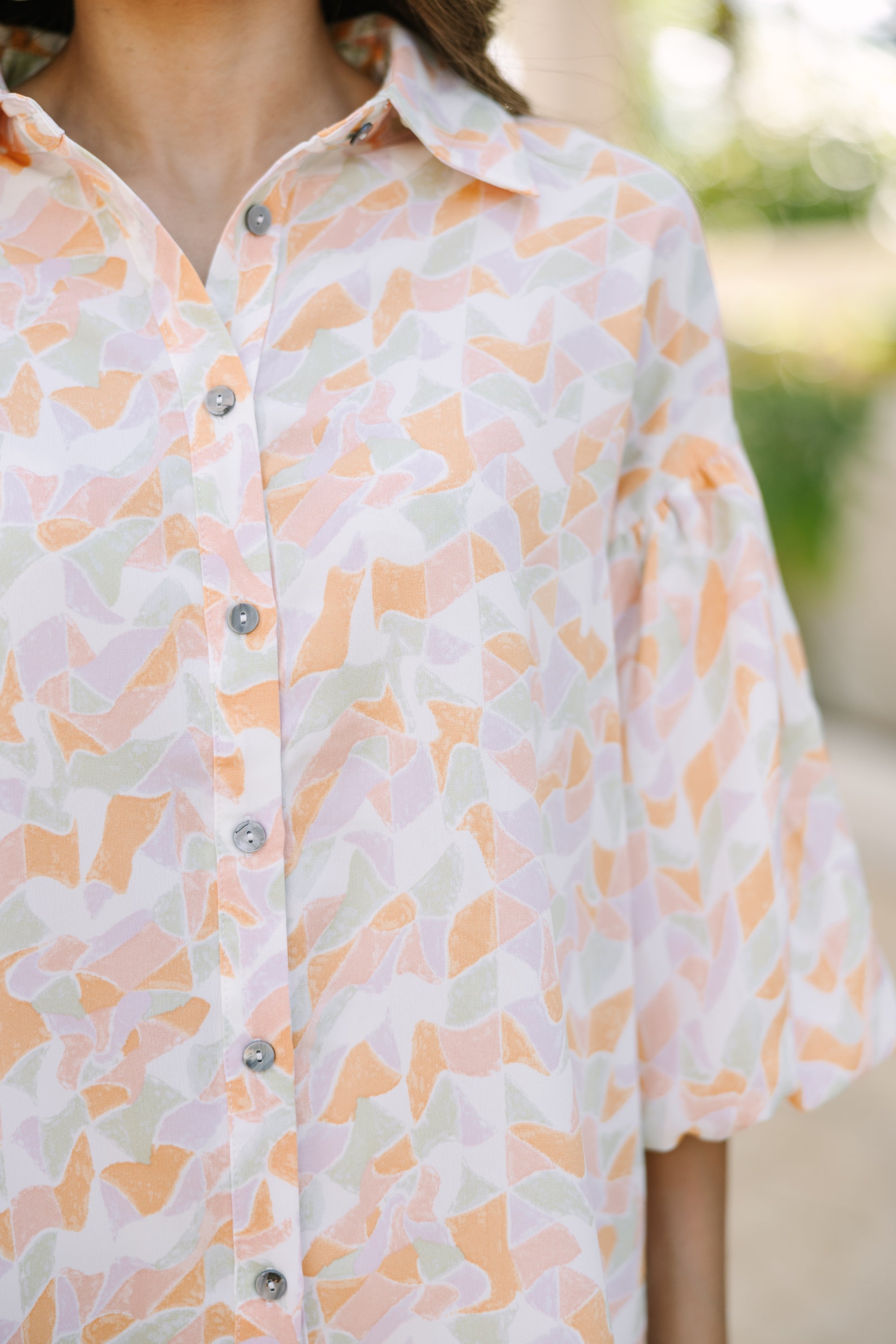 Stylish Peach Pink Abstract Blouse for Women - Trendy Casual & Office Wear - Perfect for Spring Outfits & Summer Fashion