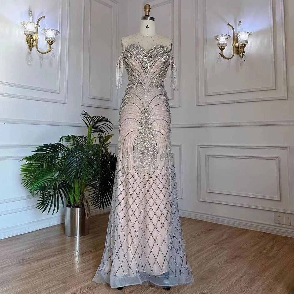 Elegant Arabic Silver Nude Mermaid Evening Gown with Tassel Beading - Luxury Dubai Party Dress for Women - Perfect for Formal Events, Weddings & Red Carpet Occasions