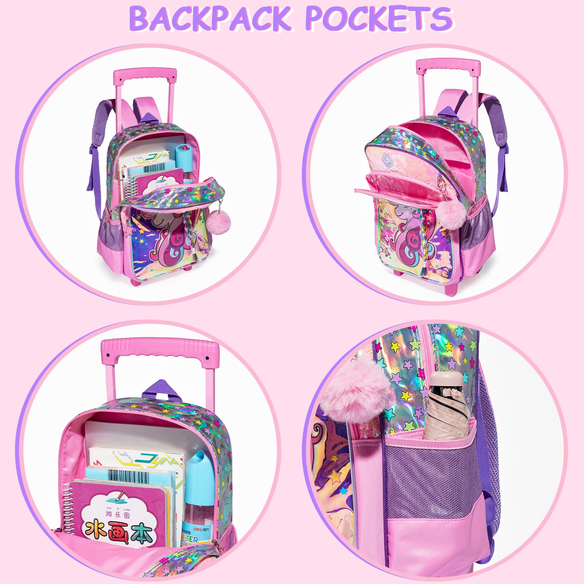 **Unicorn Rolling Backpack for Girls - Cute Wheeled School Backpack with Lunch Box & Pencil Case Set - Perfect for Elementary & Primary School Students - Great for Daily Use, Travel & Outdoor Activities**