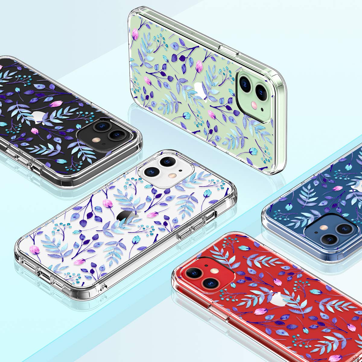 GiiKa Clear Full Body Protective Case for iPhone 12 & iPhone 12 Pro - Shockproof Hard Cover with TPU Bumper, Blue Floral Design - Perfect for Women & Girls, Everyday Use & Gift Giving