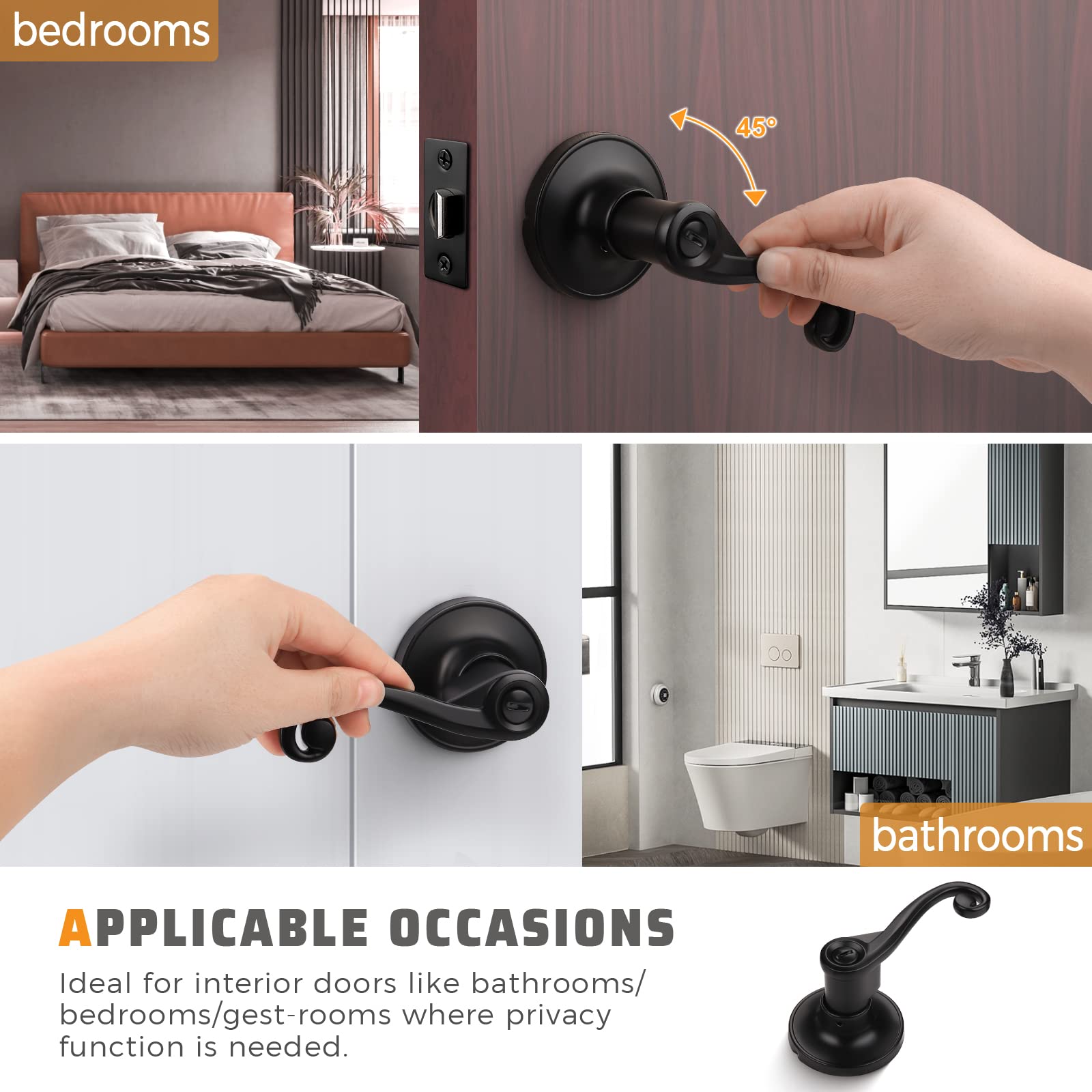 KNOBWELL 2 Pack Matte Black Interior Door Handle Sets with Privacy Lock - Durable Commercial Grade Door Levers for Bedroom, Bathroom & Office Doors - Easy Installation & Modern Home Upgrade