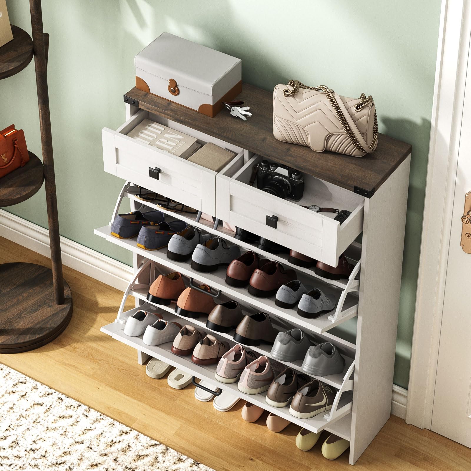 Farmhouse Shoe Storage Cabinet with 2 Flip Drawers & 2 Drawers - Slim Freestanding Entryway Organizer for Front Door - White | Perfect for Small Spaces, Hallway & Apartment Entry Organization