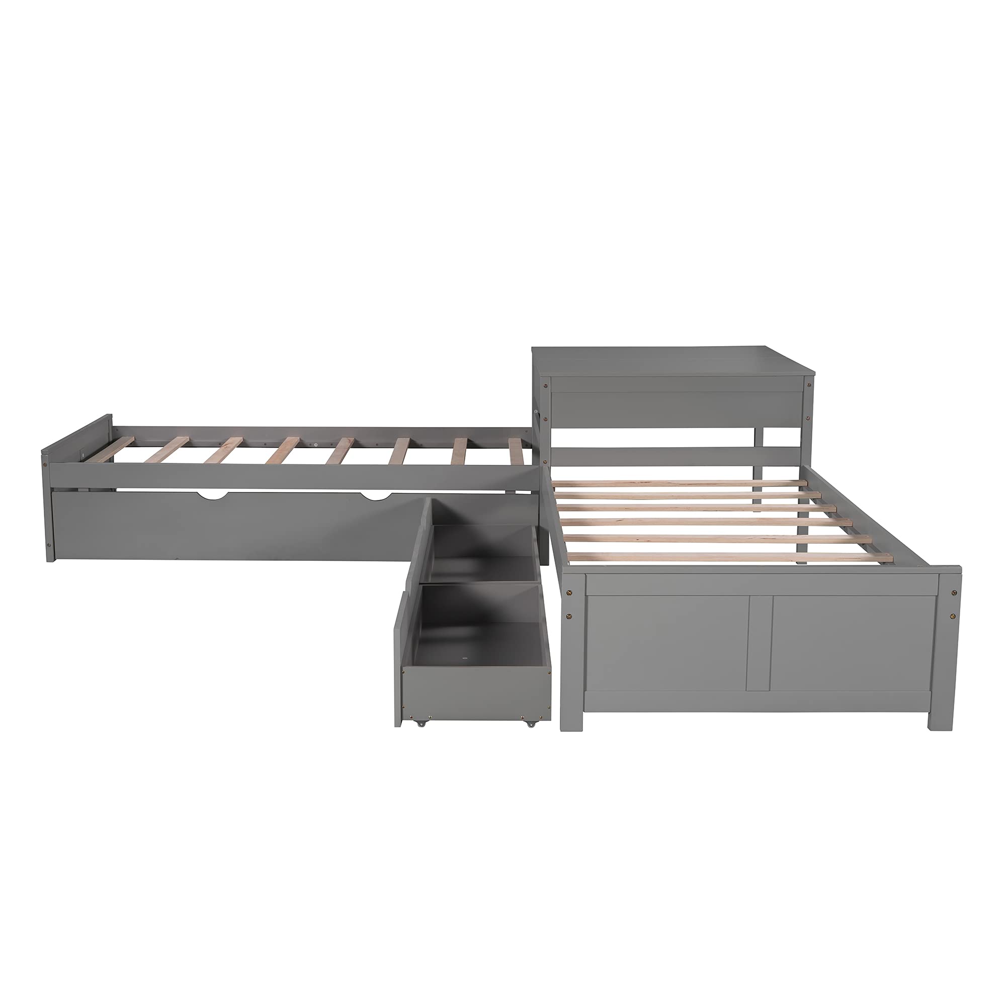 P PURLOVE L-Shaped Triple Bed Frame with Trundle & Drawers - Wooden Platform Bed with Built-in Desk for Kids & Teens - Space-Saving Bunk Bed for Small Rooms, Dormitories & Shared Bedrooms