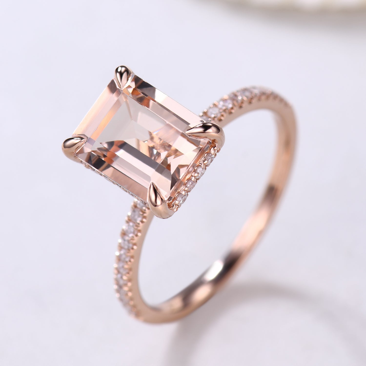 6x8mm Emerald Cut Morganite Engagement Ring with Hidden Halo & Diamond Accents in Rose Gold - Perfect for Proposals, Anniversaries & Romantic Occasions