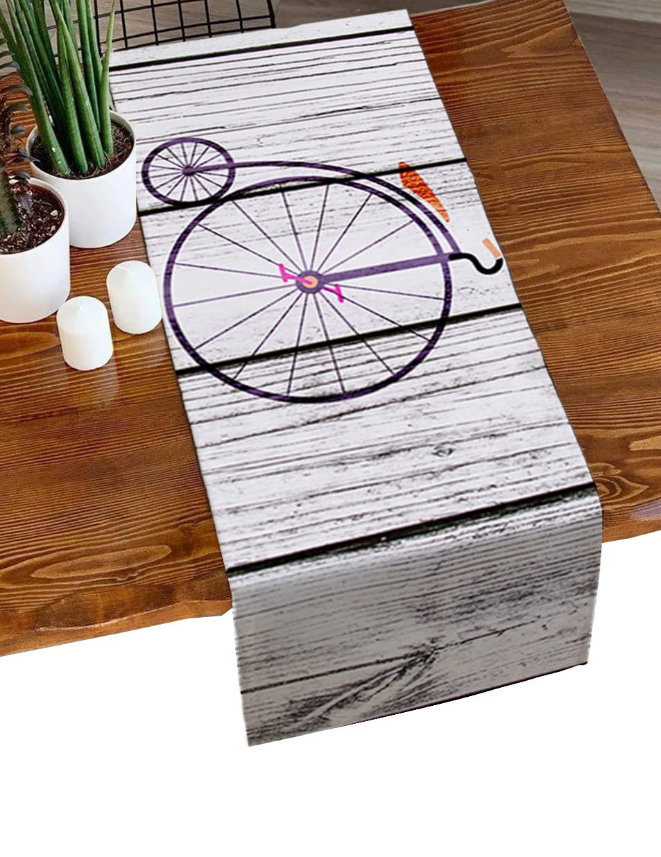 36 Inch Small Table Runner - Vintage Wood Grain Dresser Scarf & Coffee Table Decor for Kitchen, Dining Room, Parties | Bicycle Wheel Short Design on Wooden Board