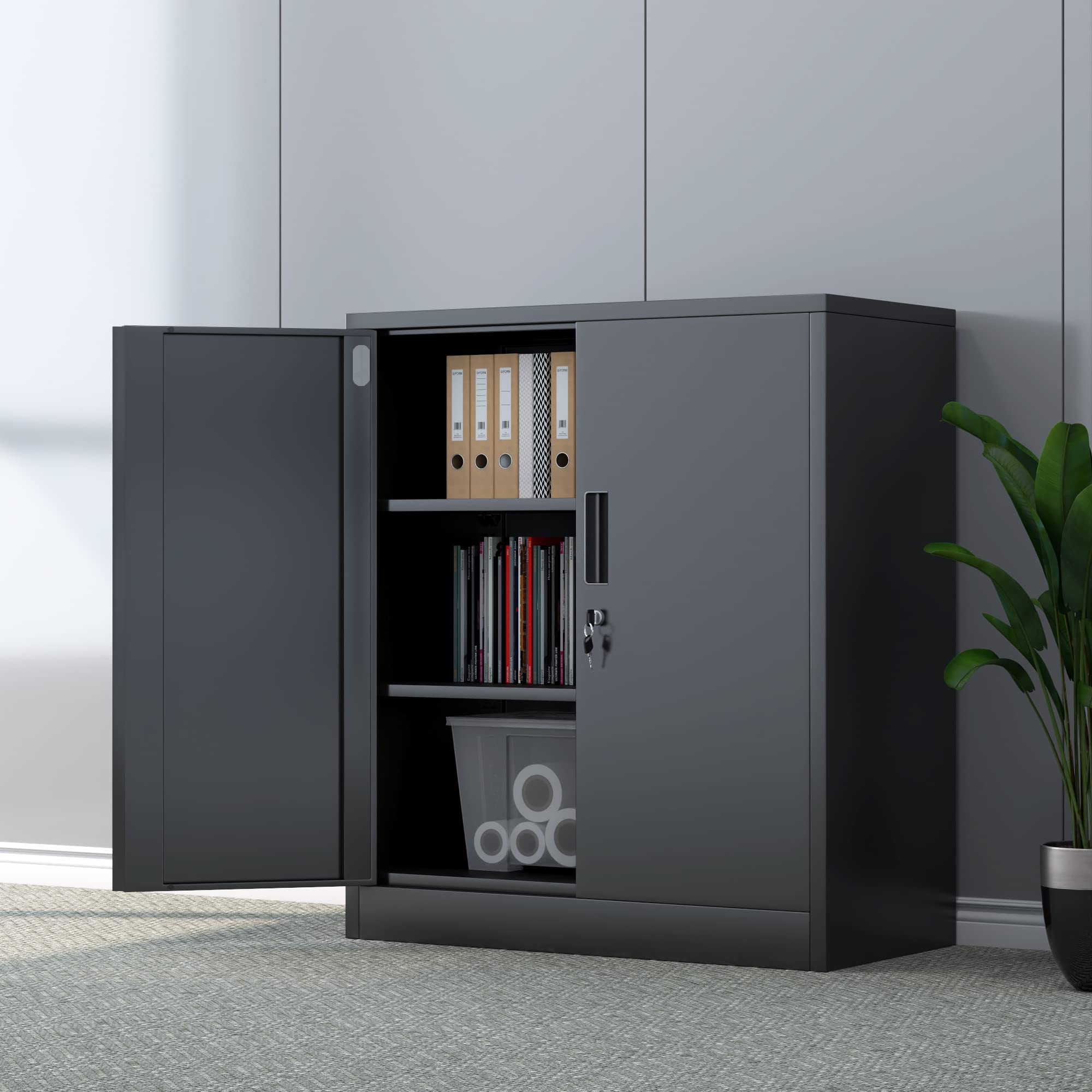 Lockable Metal Storage Cabinet with 2 Adjustable Shelves - Small Steel Storage Cabinet for Garage, Home Office, Basement, Pantry, Classroom & Workshop (Black) | Perfect for Organizing Tools, Files & Supplies in Any Space
