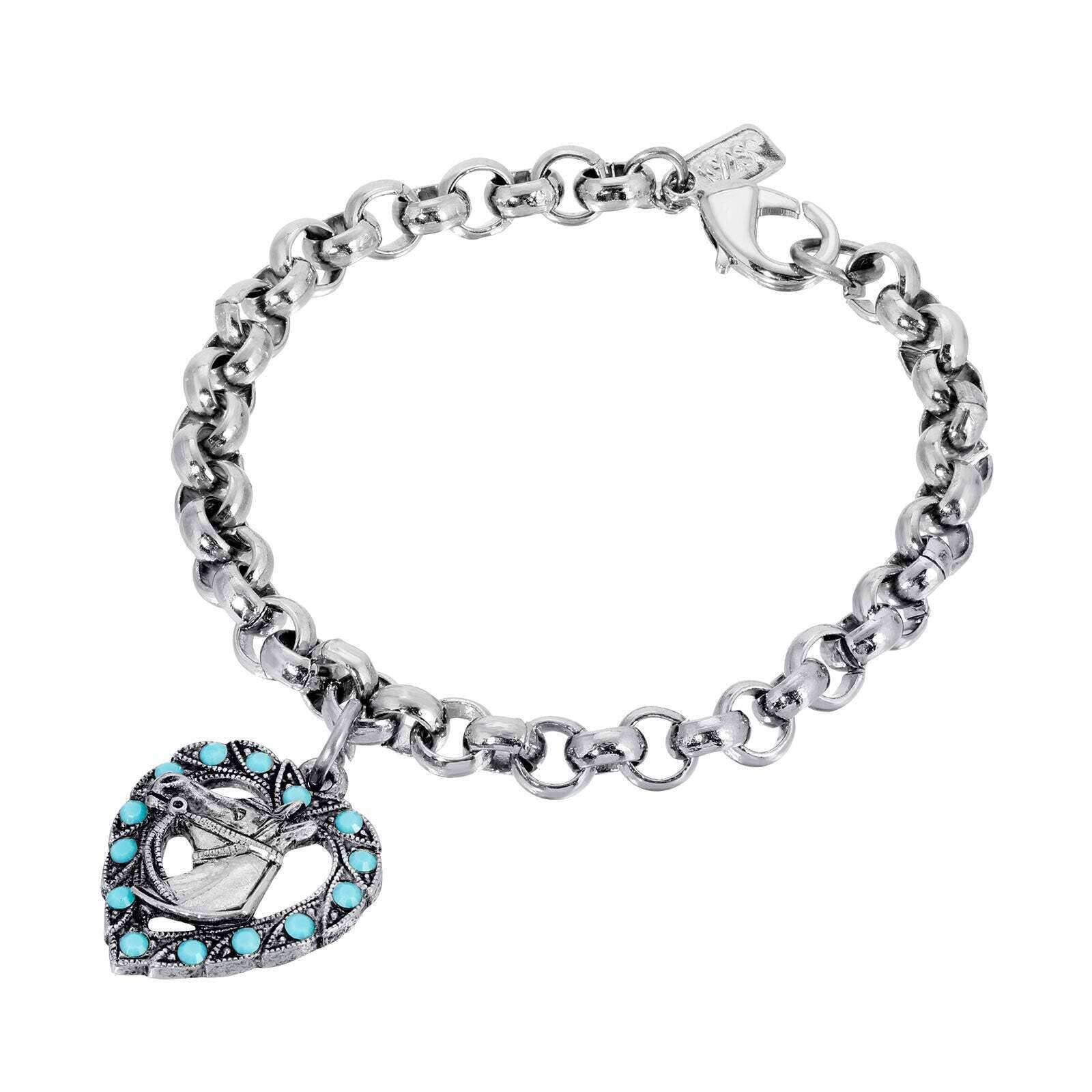 1928 Jewelry Heart & Horse Turquoise Crystal Round Link Bracelet - Elegant Boho Style for Women, Perfect for Parties, Weddings & Everyday Wear
