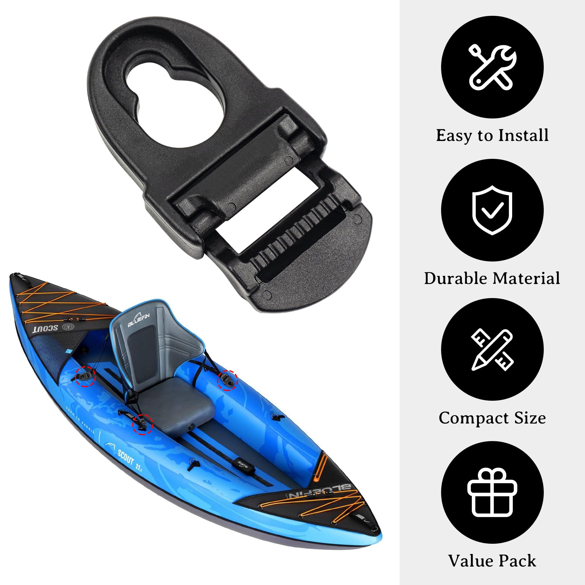 4 Sets Kayak Seat Clips and Hooks - Replacement Parts for Lifetime Emotion Kayaks | Durable Black Kayak Accessories for Fishing & Recreational Paddling