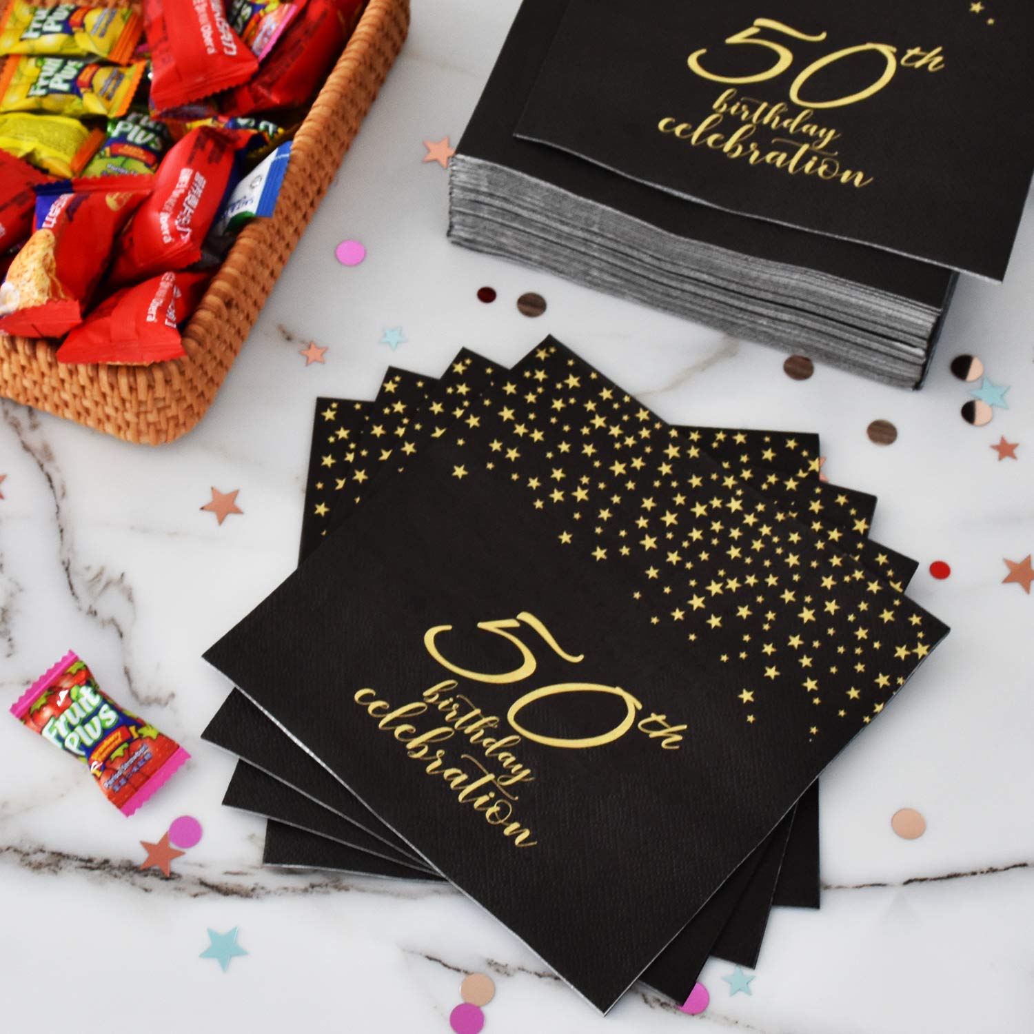 Gatherfun 50th Birthday Party Supplies Set - 50 Disposable Paper Plates, Napkins, Cups, Cutlery & Tablecloth with Black & Gold Balloons & Banner - Elegant 50th Birthday Decor for Men & Women (Serves 25) - Perfect for Milestone Celebrations, Retirement Parties & Anniversary Events