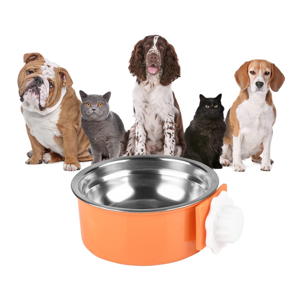 Stainless Steel Hanging Pet Bowl for Dog Crate - Removable Food & Water Dish with Bolt Holder - Ideal for Puppy, Cat, Rabbit, Bird & Small Animals - Small Orange Round Bowl (Pack of 1) - Perfect for Travel, Crate Training & Feeding in Kennels, Cages or Coops