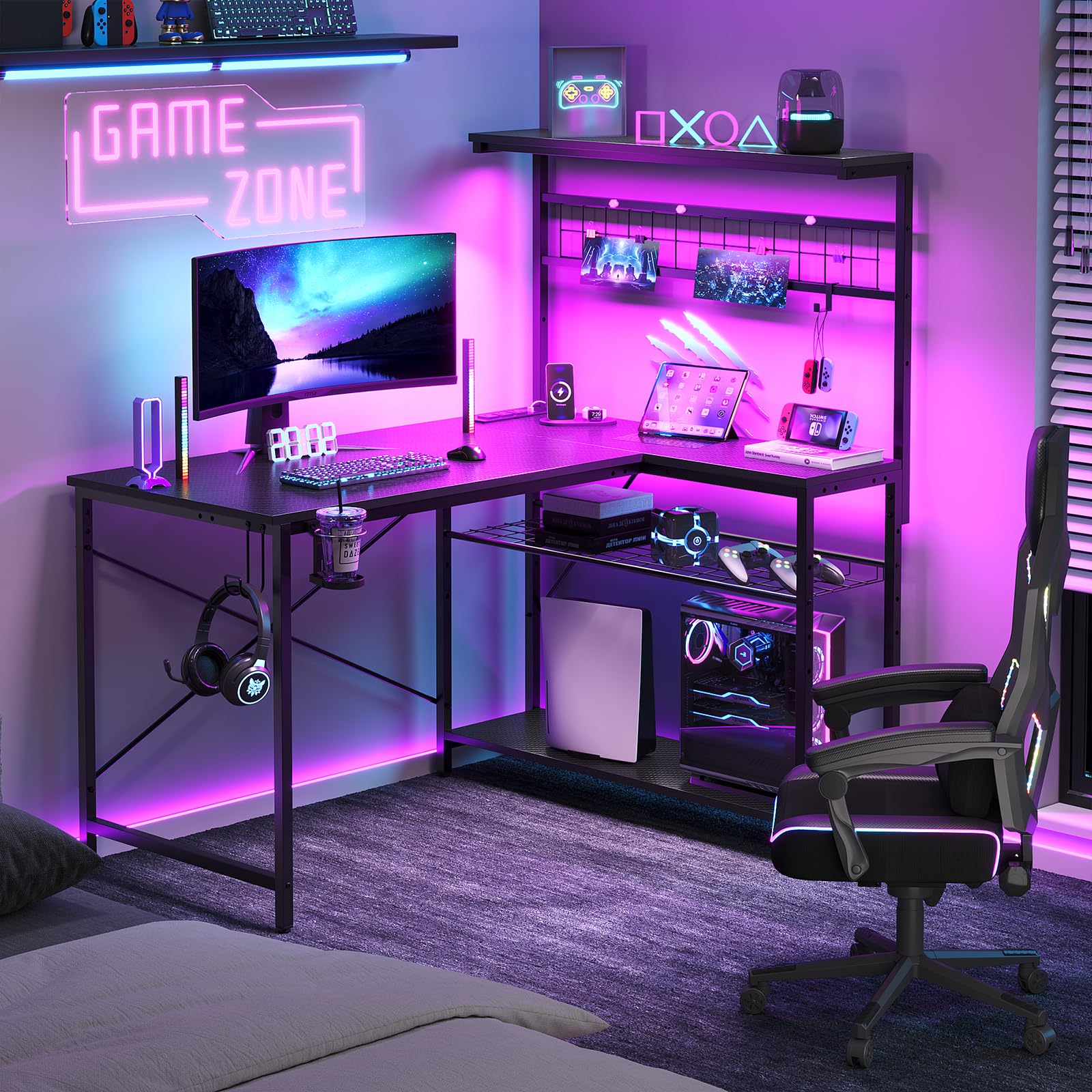 Bestier 42 Inch L-Shaped Gaming Desk with Power Outlets & LED Lights - Reversible Corner Computer Desk with 4-Tier Shelves, Cup Holder & Hook - Carbon Fiber Black Finish for Home Office & Gaming Setup