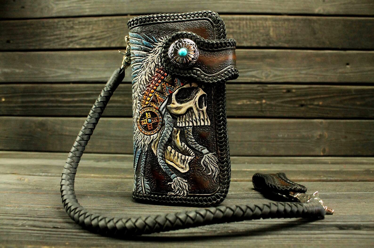 Handmade 3D Genuine Leather Biker Wallet for Men - Custom Hand-Carved & Hand-Painted with Native American Skull & Skeleton Design - Perfect for Motorcycle Riders, Gift Giving & Western Fashion Enthusiasts