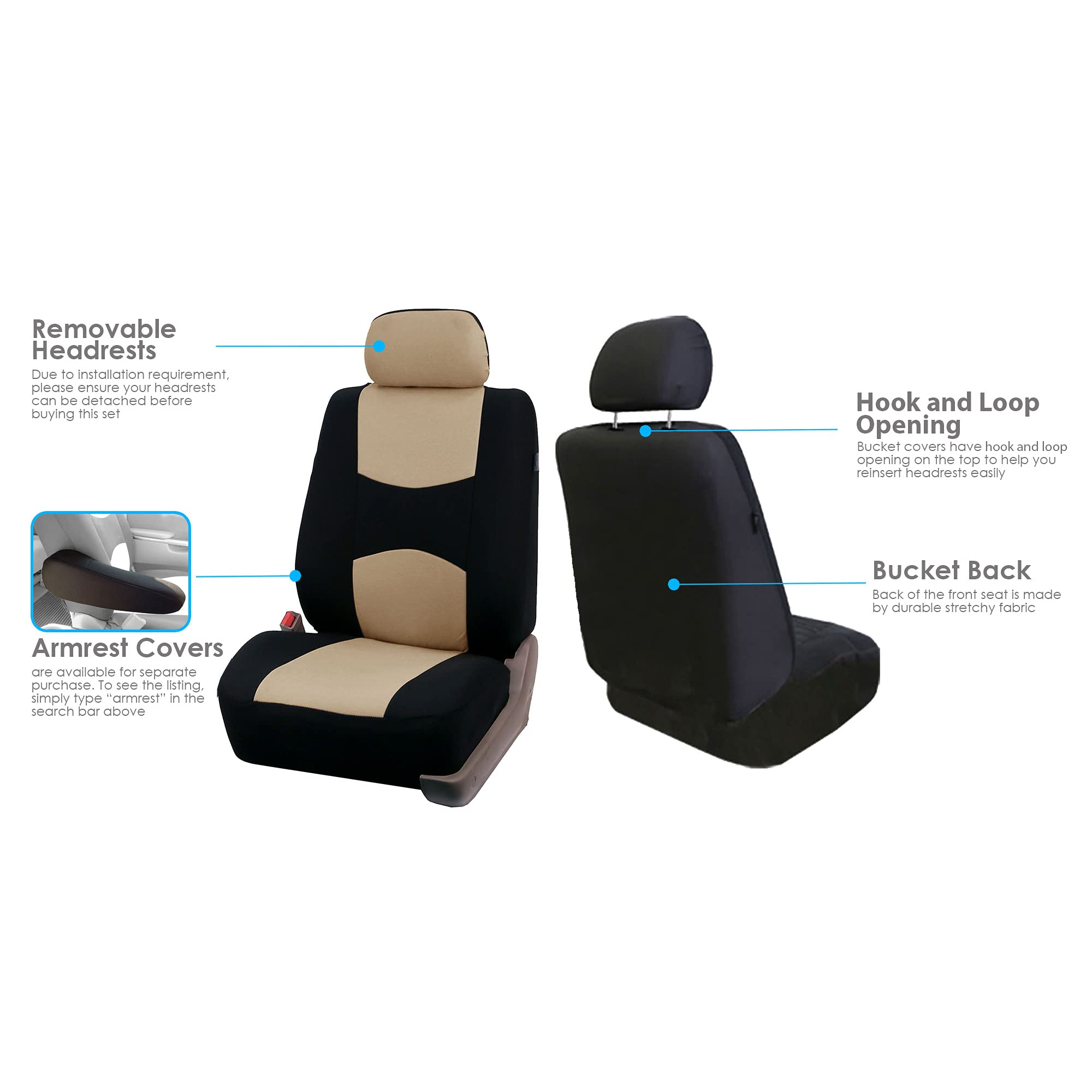 Premium FH Group Full Set Flat Cloth Car Seat Covers - Universal Fit for Cars, Trucks & SUVs | Non-Slip Beige Bench Seat Protector with Dash Grip Pad | Perfect for Road Trips, Daily Commutes & Interior Protection