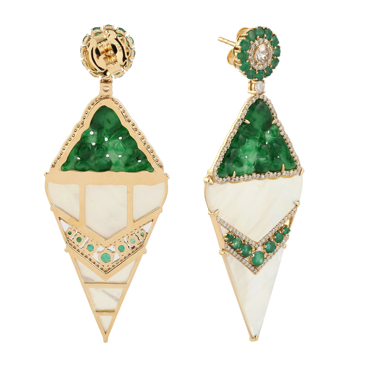 Exquisite Gold Carved Jade & Mother of Pearl Dangle Earrings with Emerald & Pave Diamonds for Women – Perfect for Weddings, Parties & Special Occasions