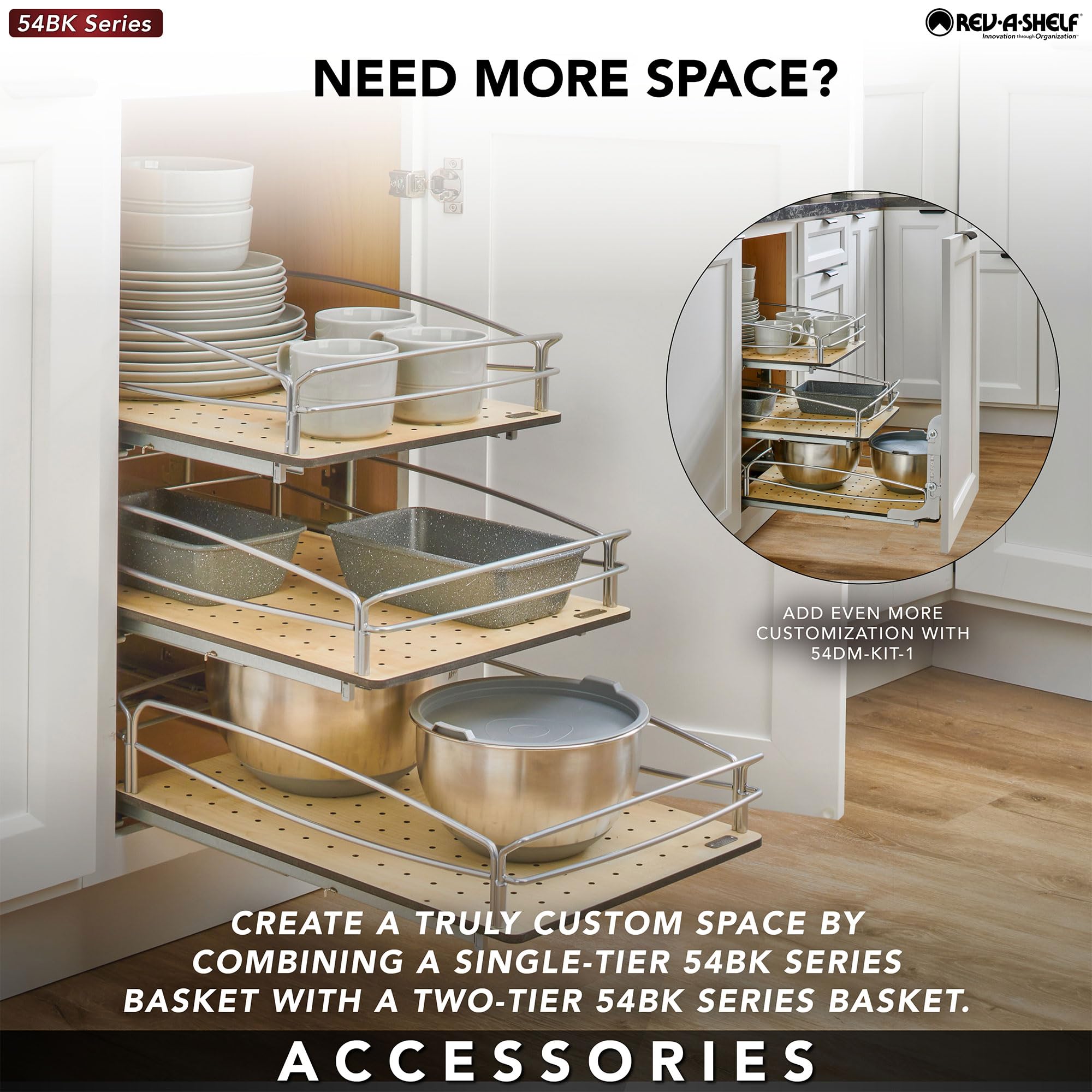 Rev-A-Shelf Pull Out Kitchen Cabinet Organizer - Solid Bottom Undermount Drawer with Soft-Close Full Extension Slides (54BK-15SC-1) - Perfect for Pantry Storage & Spice Rack Organization