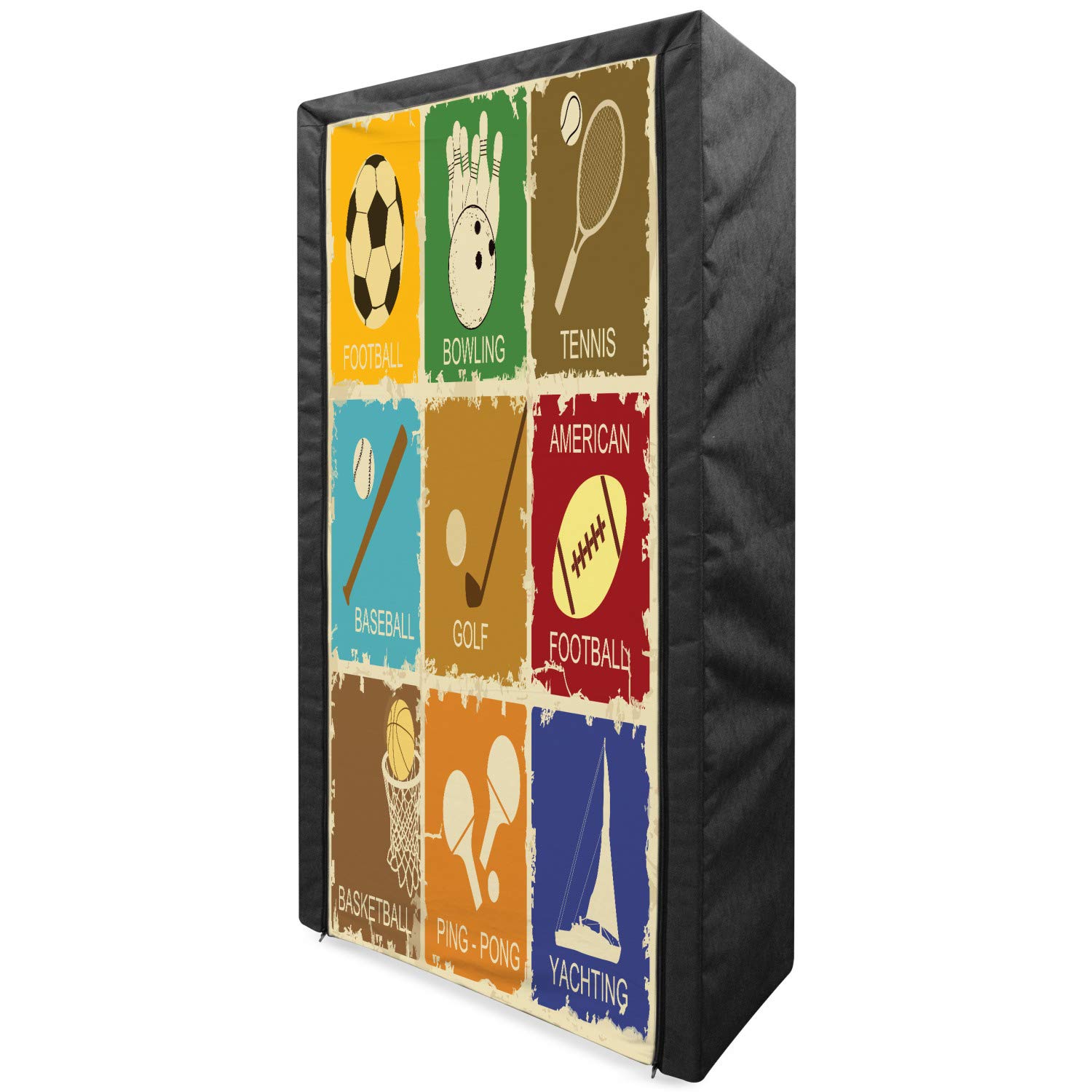 Ambesonne Portable Fabric Wardrobe - Vintage Sports Design with Golf, Bowling, Baseball & Tennis Elements - 33.5