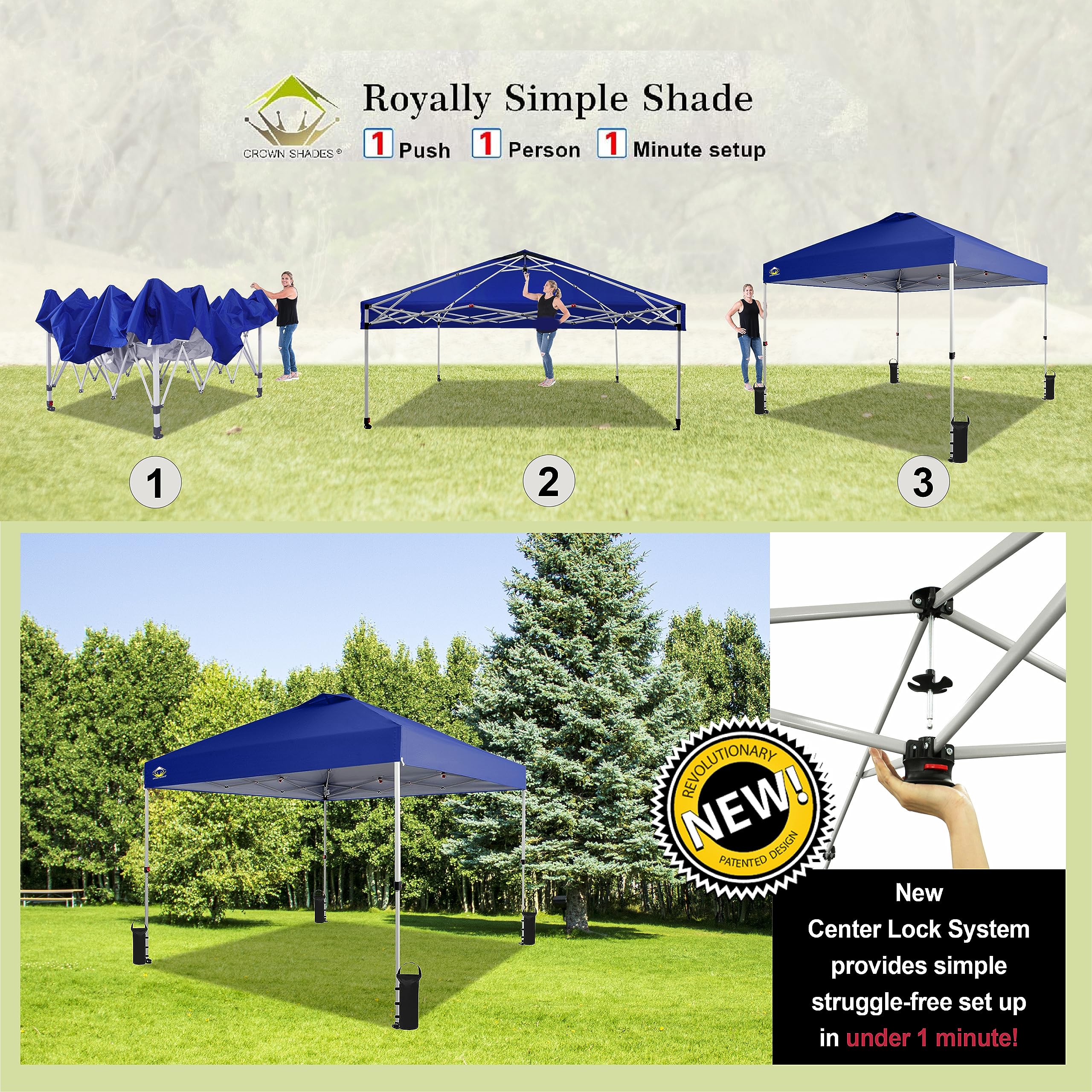 CROWN SHADES 10x10 Pop Up Canopy Tent - Instant Setup Beach Shade with Carry Bag - UV Protection Silver Coated Top & Navy Blue Frame - Perfect for Outdoor Events, Camping, Picnics, Backyard Parties and Beach Trips