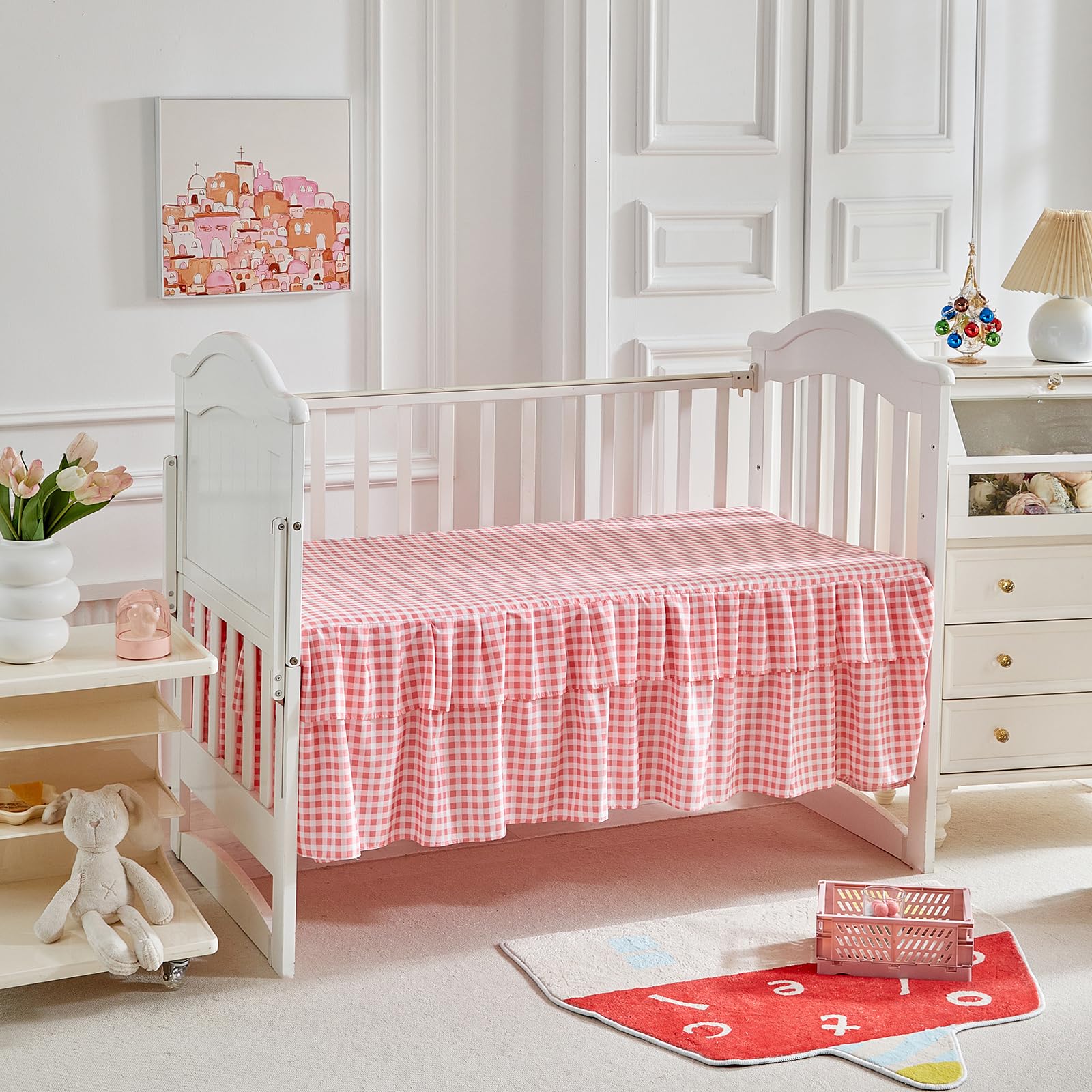 Floral Crib Bedding Set - White & Pink Ruffled Quilted Comforter with Fitted Sheet & Bed Skirt for Baby Girls Nursery | Shabby Chic Flower Design with Leaves | Perfect for Newborn, Infant & Toddler Bedrooms