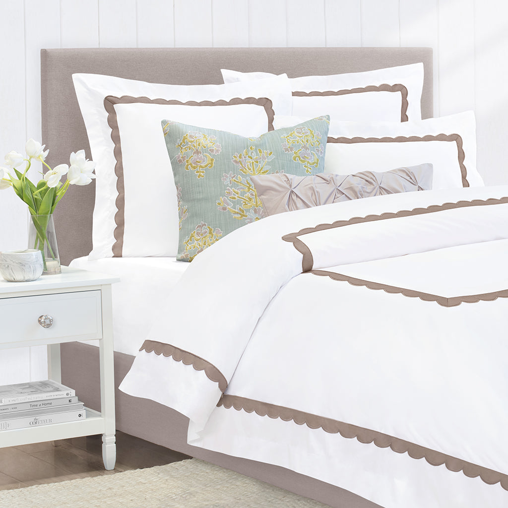 Camellia Taupe Scalloped Percale Euro Sham Pillowcase - Soft Luxury Bedding for Master Bedroom & Guest Room Decor
