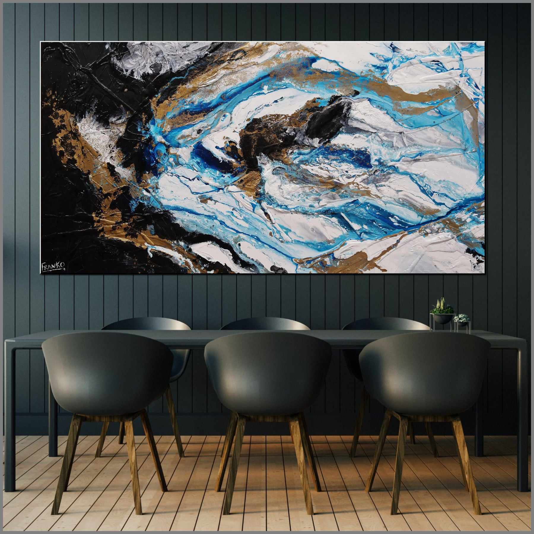 Blue Black Textured Abstract Painting - Cobalt Pearl 190cm x 100cm Modern Wall Art for Living Room, Bedroom & Office Decor