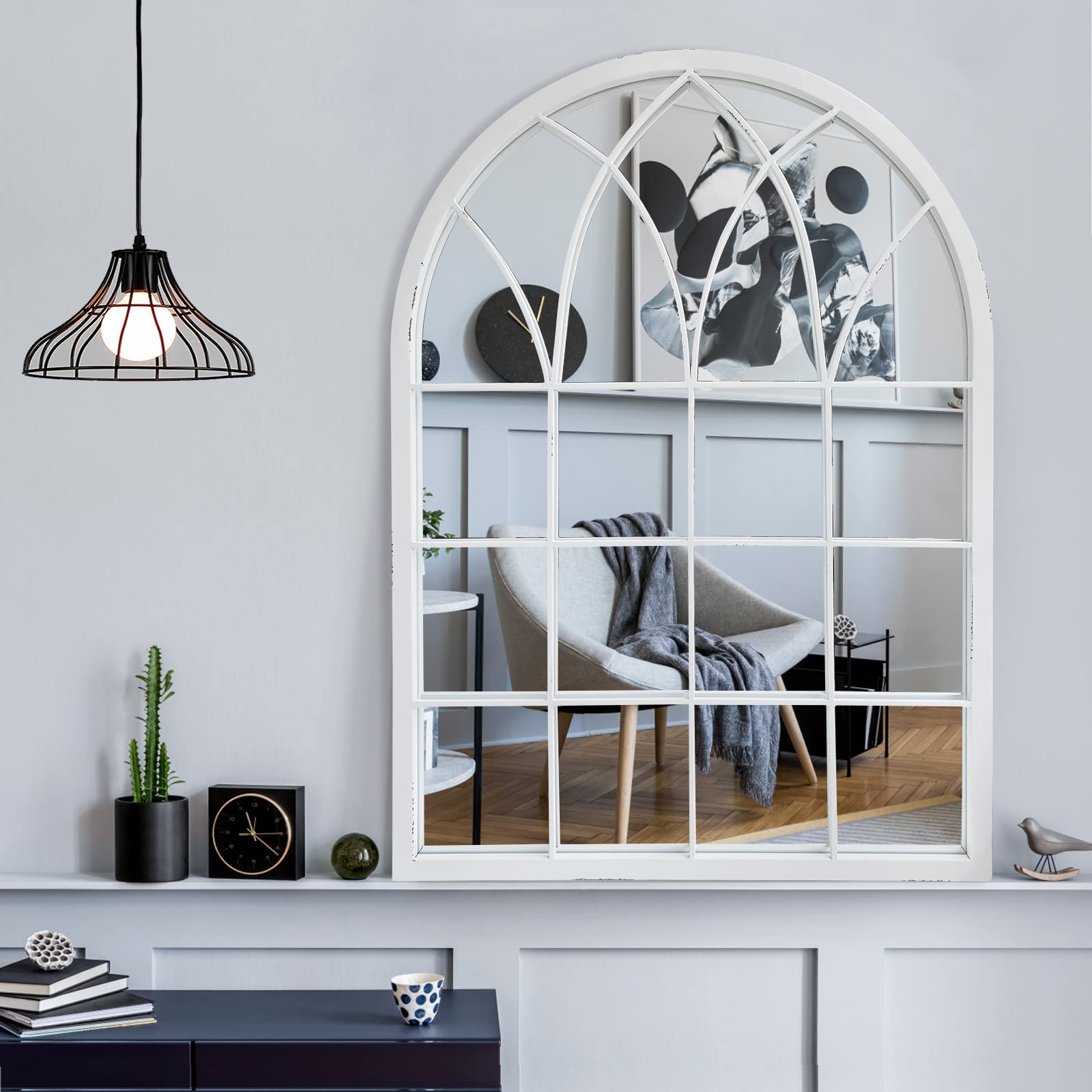 Vintage White Metal Arched Wall Mirror - Rustic Farmhouse Decorative Windowpane Mirror for Living Room, Entryway, Bedroom & Bathroom | Perfect for Home Decor, Wedding Backdrops and Photo Shoots