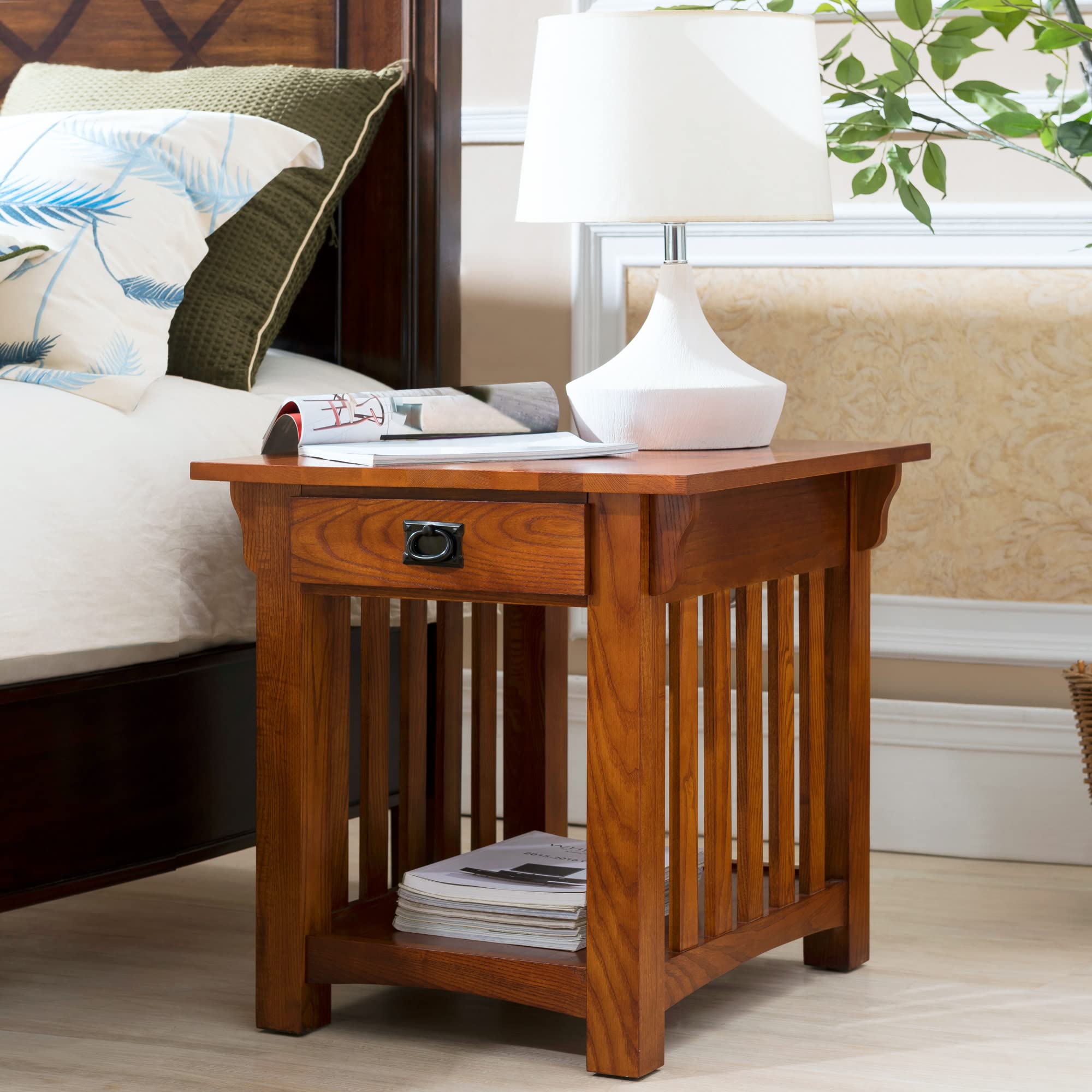 Leick Home 8207 Mission Impeccable Solid Wood End Table with Drawer - Medium Oak Finish Russet - Nightstand for Bedroom, Side Table for Living Room, Sofa Table for Home Decor