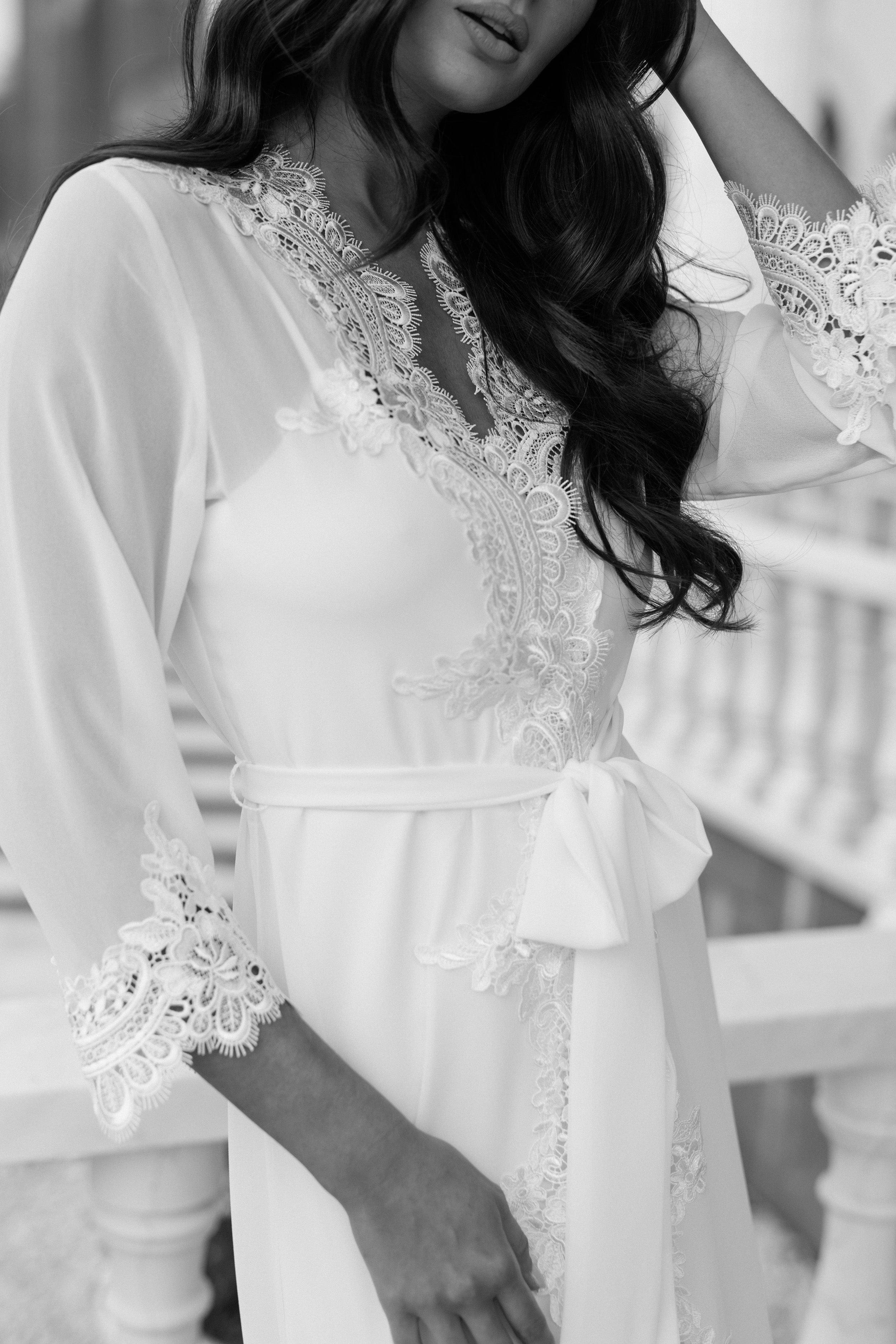 Elegant Hannah Lace Trim Maxi Bridal Robe with Slip - Perfect for Wedding Morning, Bridal Shower & Honeymoon Getaway