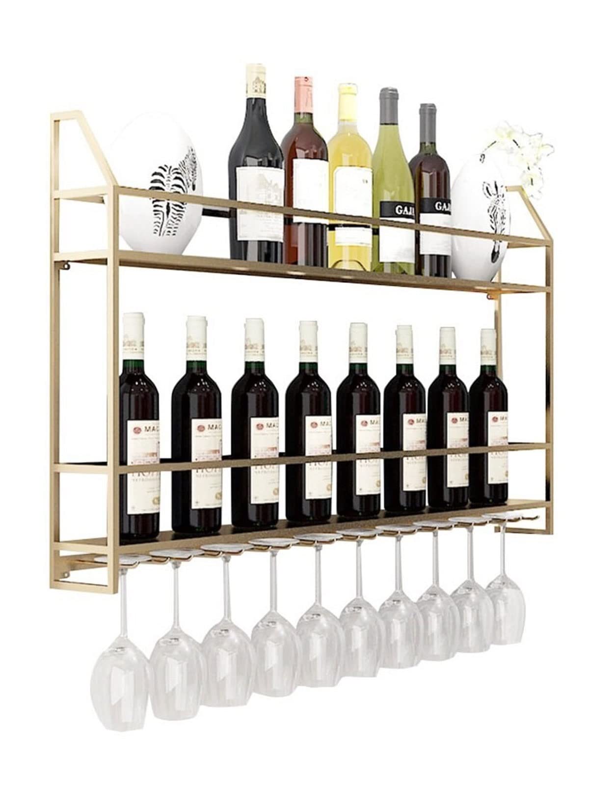 Vintage Gold Metal Wine Rack - 80x12x62cm Wall Mounted Wine Bottle Storage Organizer with Hanging Glass Holder - Rustic Home Bar Decor for Kitchen, Dining Room & Wine Cellar
