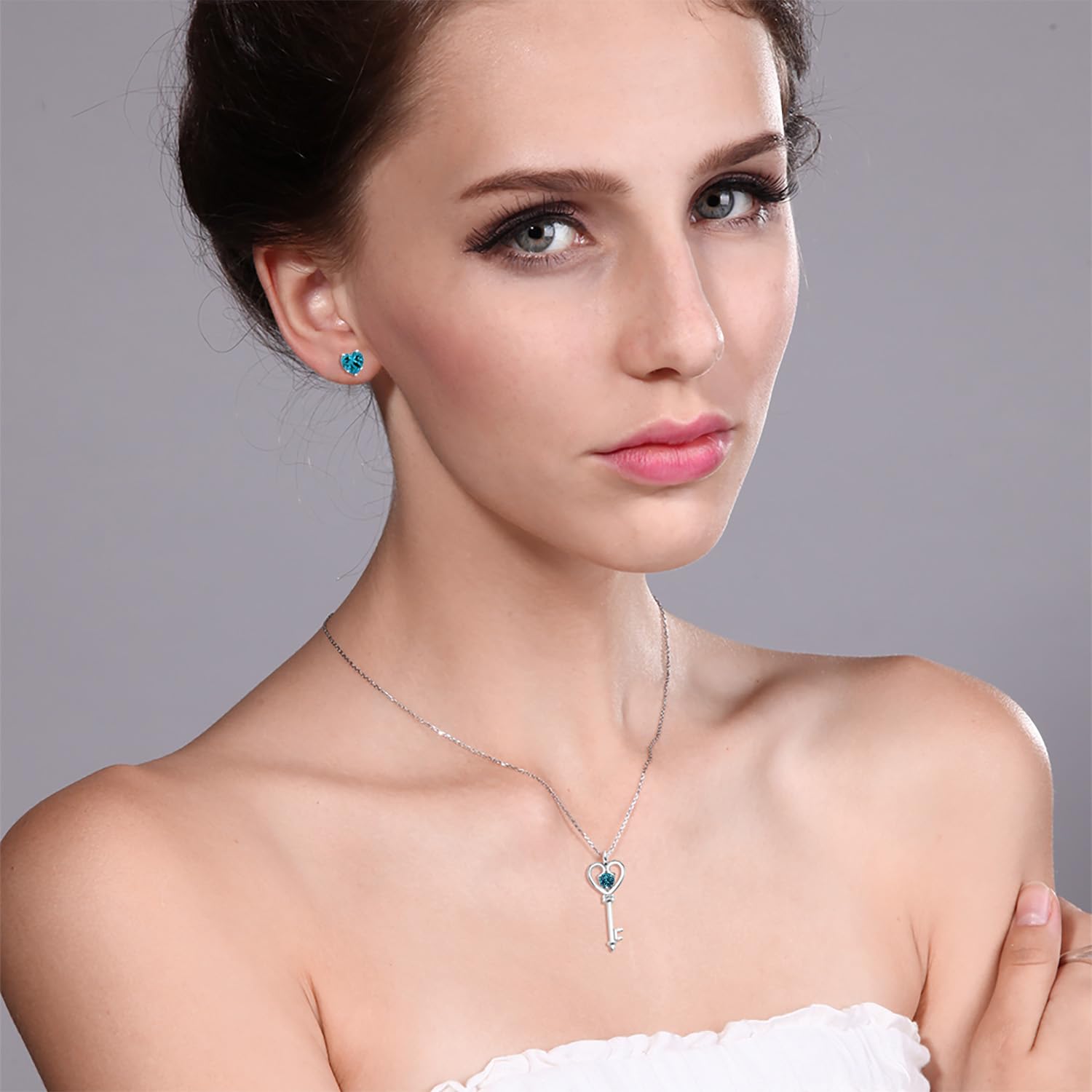 1.60 Ct Round London Blue Topaz Sterling Silver Key Pendant & Earrings Set | Gem Stone King | 925 Silver Jewelry for Women | Perfect Gift for Birthday, Anniversary & Special Occasions