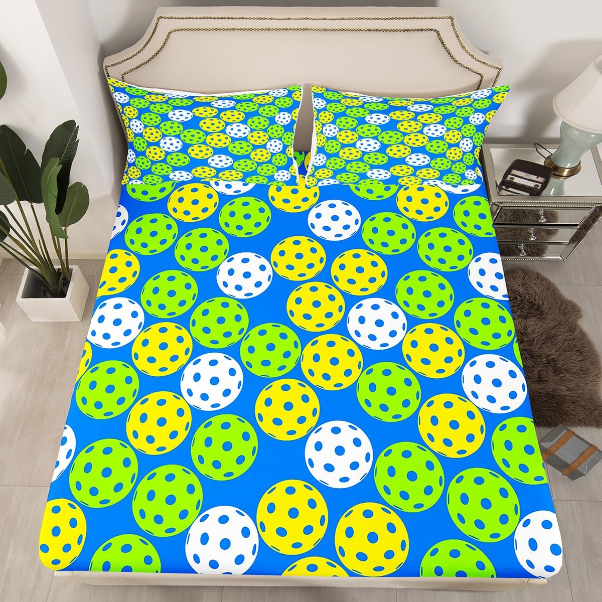Pickleball Themed Queen Bedding Set - Fitted Sheet & 2 Pillowcases (Yellow, White, Green, Blue) for Boys, Girls, Teens & Adults | Sports Decor Bed Cover for Pickleball Fans & Athletes | Perfect for Game Rooms, Dorm Decor & Sports-Themed Bedrooms