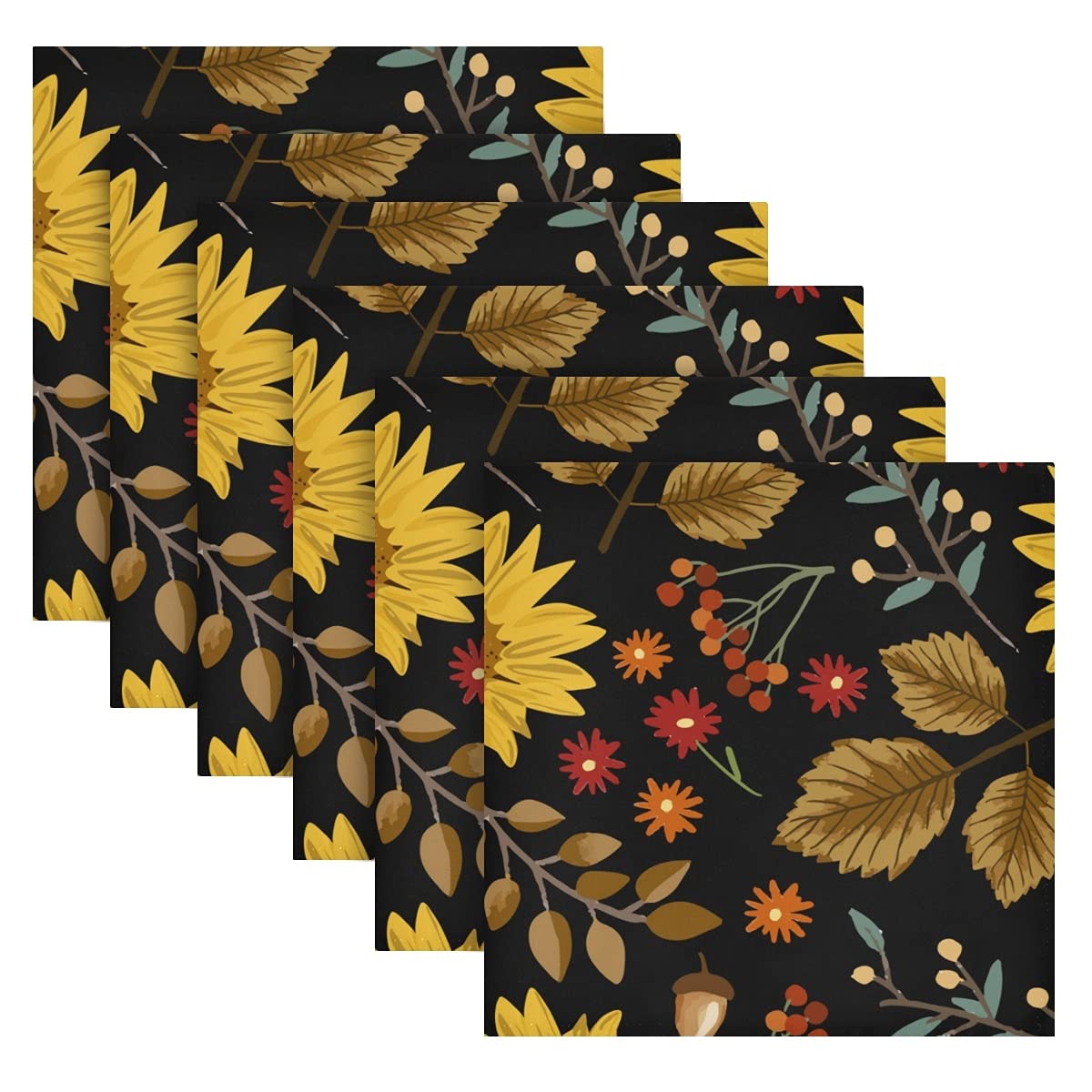 Senya Sunflower Leaves Cloth Napkins - Washable & Reusable Polyester Dinner Napkins 20x20 Inches, Set of 6 for Home, Weddings, Parties & Holidays - Perfect for Dining, Decor & Special Occasions