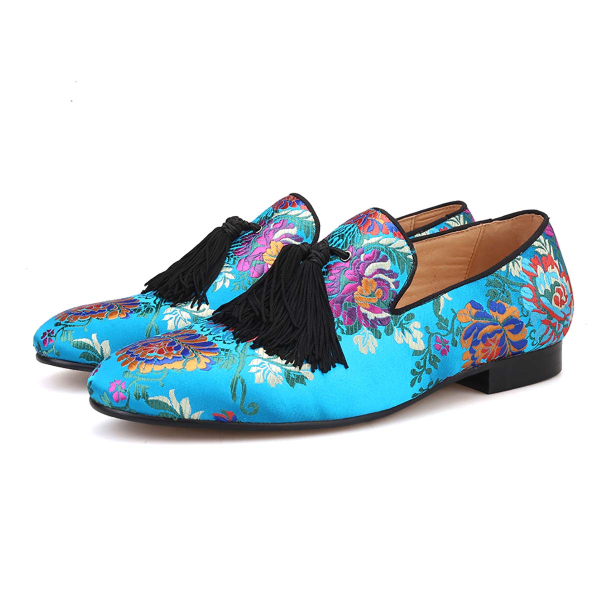 HI&HANN Handmade Chinese Style Luxury Silk Loafers for Men - Embroidered Flower Tassel Dress Shoes for Wedding, Party & Formal Occasions
