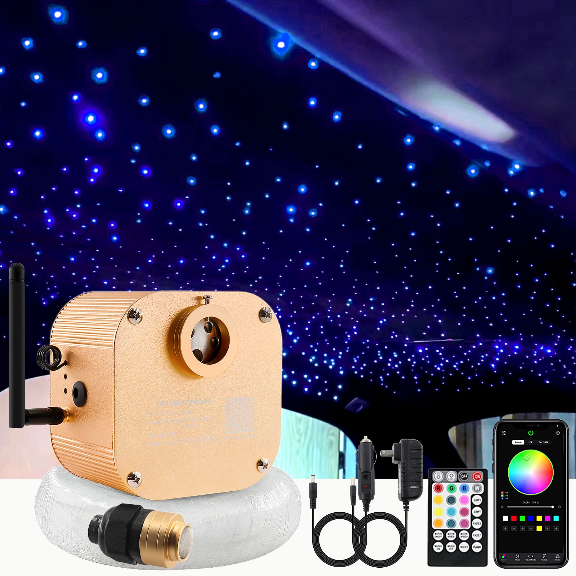 Starlight Headliner Kit - 16W Fiber Optic Car Ceiling Lights with 550pcs 0.03in Twinkle Stars & 13.1ft Cable - APP/RF Remote Control for Car Roof Decor, Bedroom, Party & Romantic Atmosphere