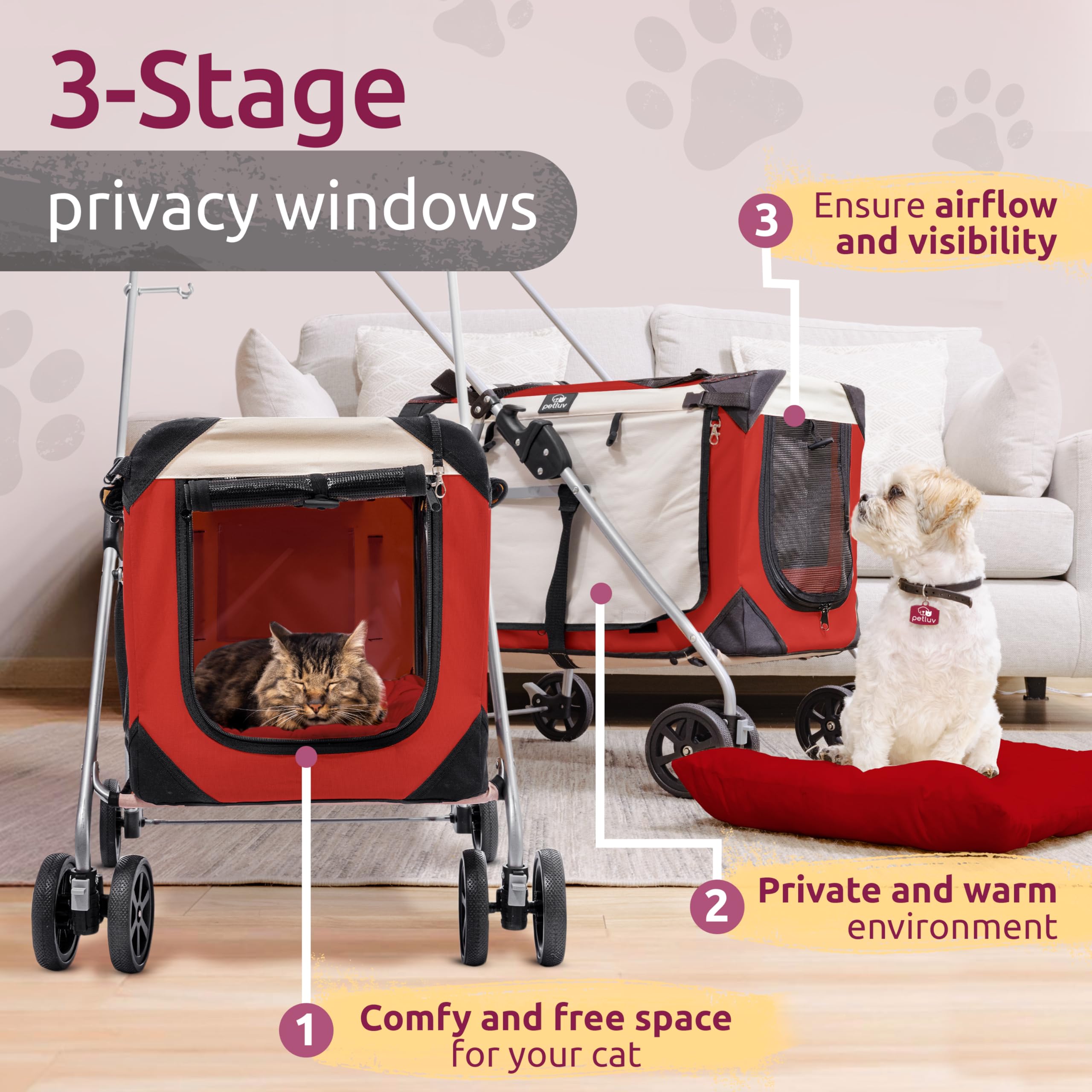 Premium Pet Stroller for 2 Cats or Small to Medium Dogs (10-45 lbs) - Lightweight & Durable Red Design - Perfect for Park Walks, Vet Visits & Shopping Trips
