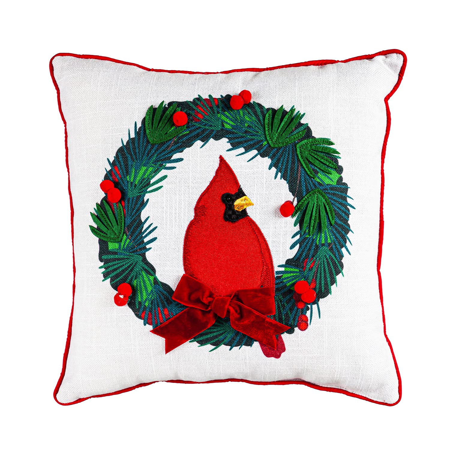 Cypress Home Cardinal Wreath Square Pillow Cover - 18x18 Inch Decorative Throw Pillow for Couch, Bed, Sofa - Christmas Holiday Home Decor Gift Idea