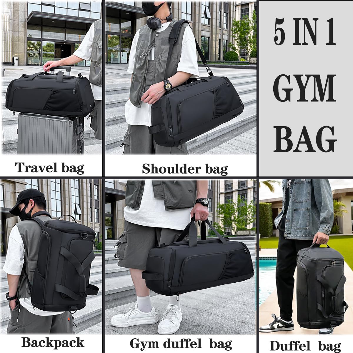 **Men's & Women's 30L Waterproof Gym Duffle Bag with Shoe Compartment & Wet Pocket - Travel, Sports, Overnight Weekender Backpack (Black) - Perfect for Workouts, Gym, Travel & Weekend Getaways**