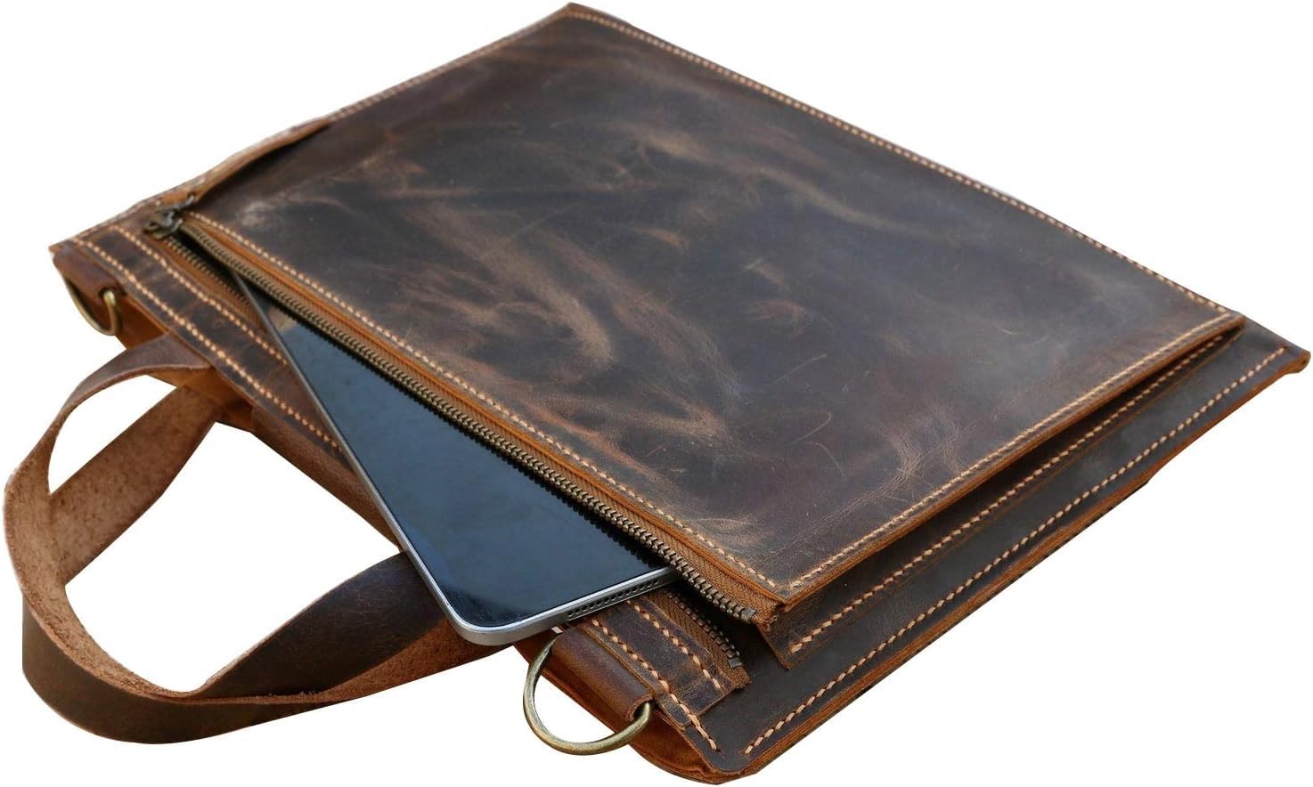 Personalized Hand-Stitched Slim Leather Laptop Bag - Lightweight Brown Leather Portfolio for 13-15 Inch Laptops | Perfect for Business, Travel & Work Commute | Z03-LLB05S