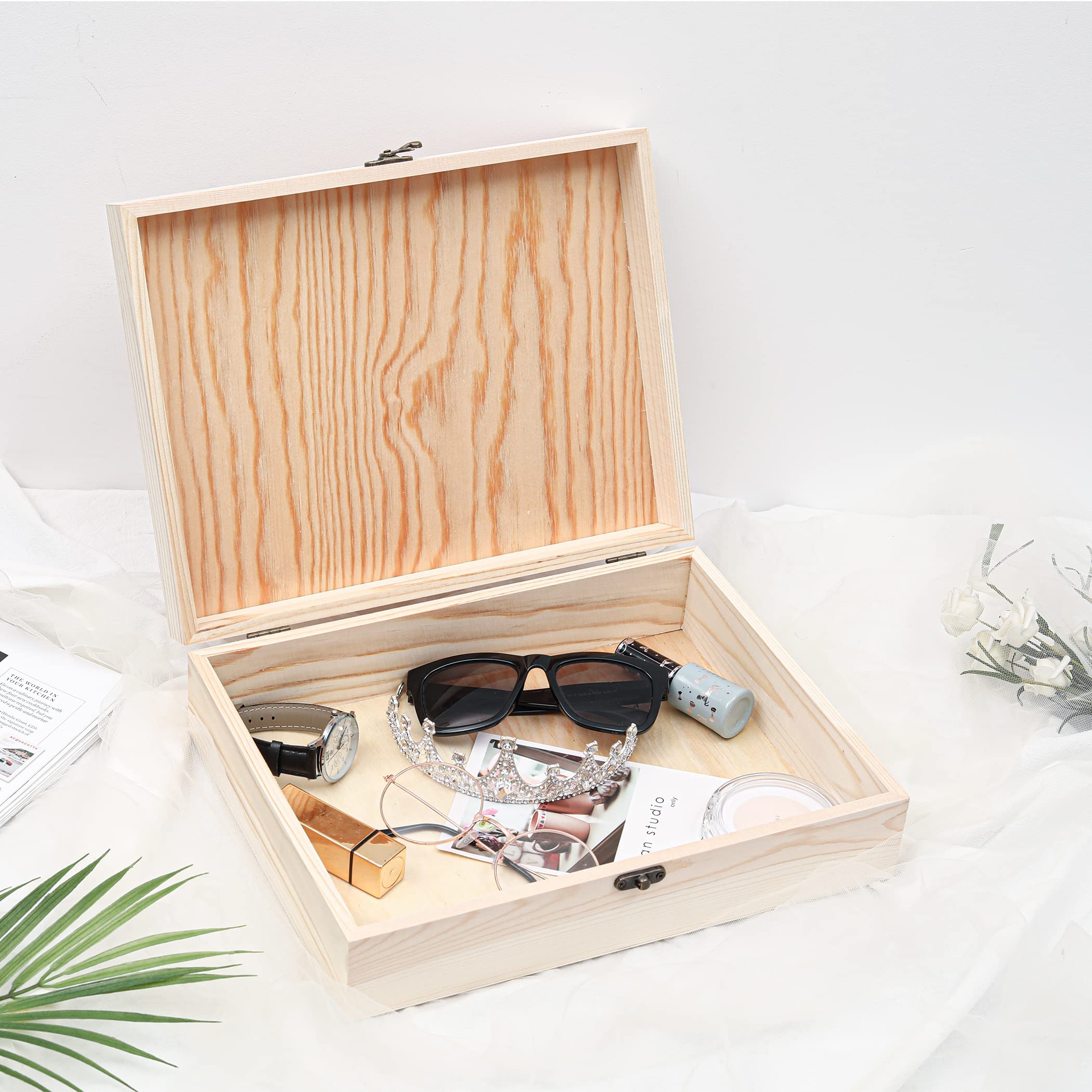 Unfinished Pine Wood Box with Hinged Lid - 12