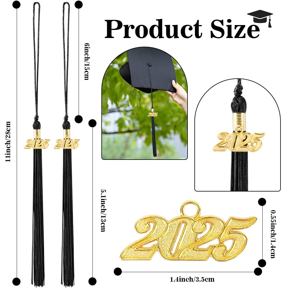 2025 Graduation Tassel Set - 2 Pack Black Cap Tassels with Gold 2025 Charm for High School & College Graduation Ceremonies - Perfect for Graduation Hat Decorations & Commencement Accessories