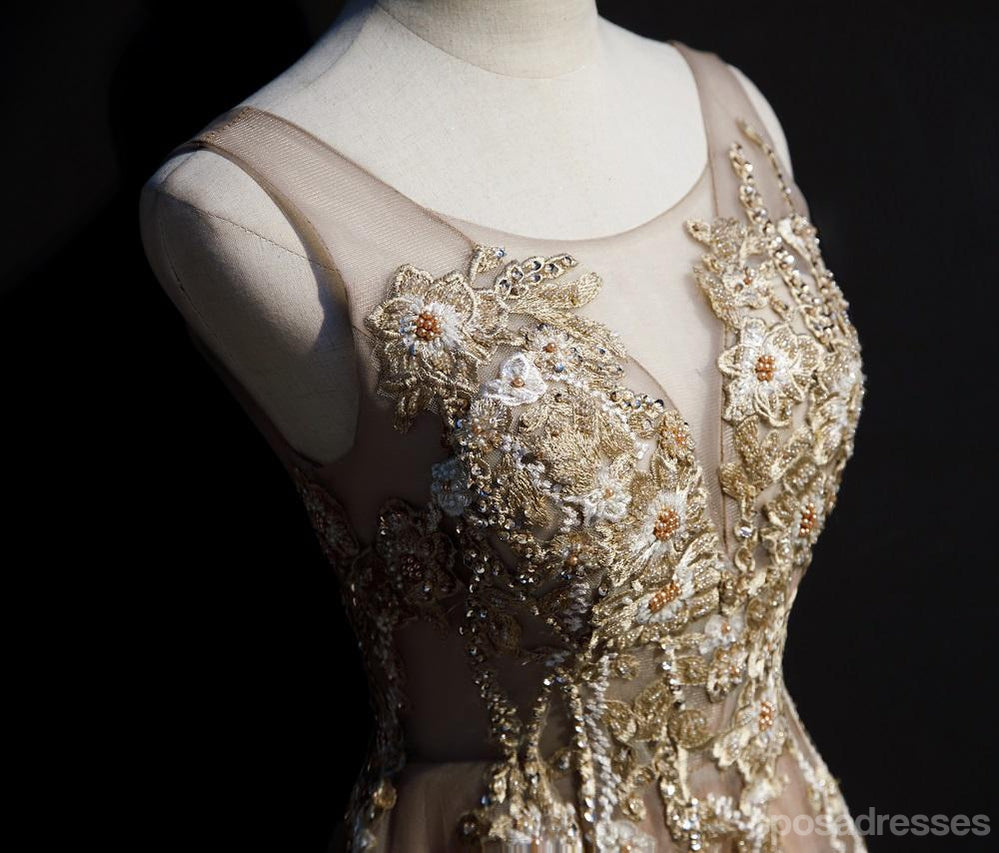 Elegant Champagne A-Line V-Neck Long Prom Dresses for Women - Affordable Formal Gowns for Homecoming, Wedding & Special Occasions