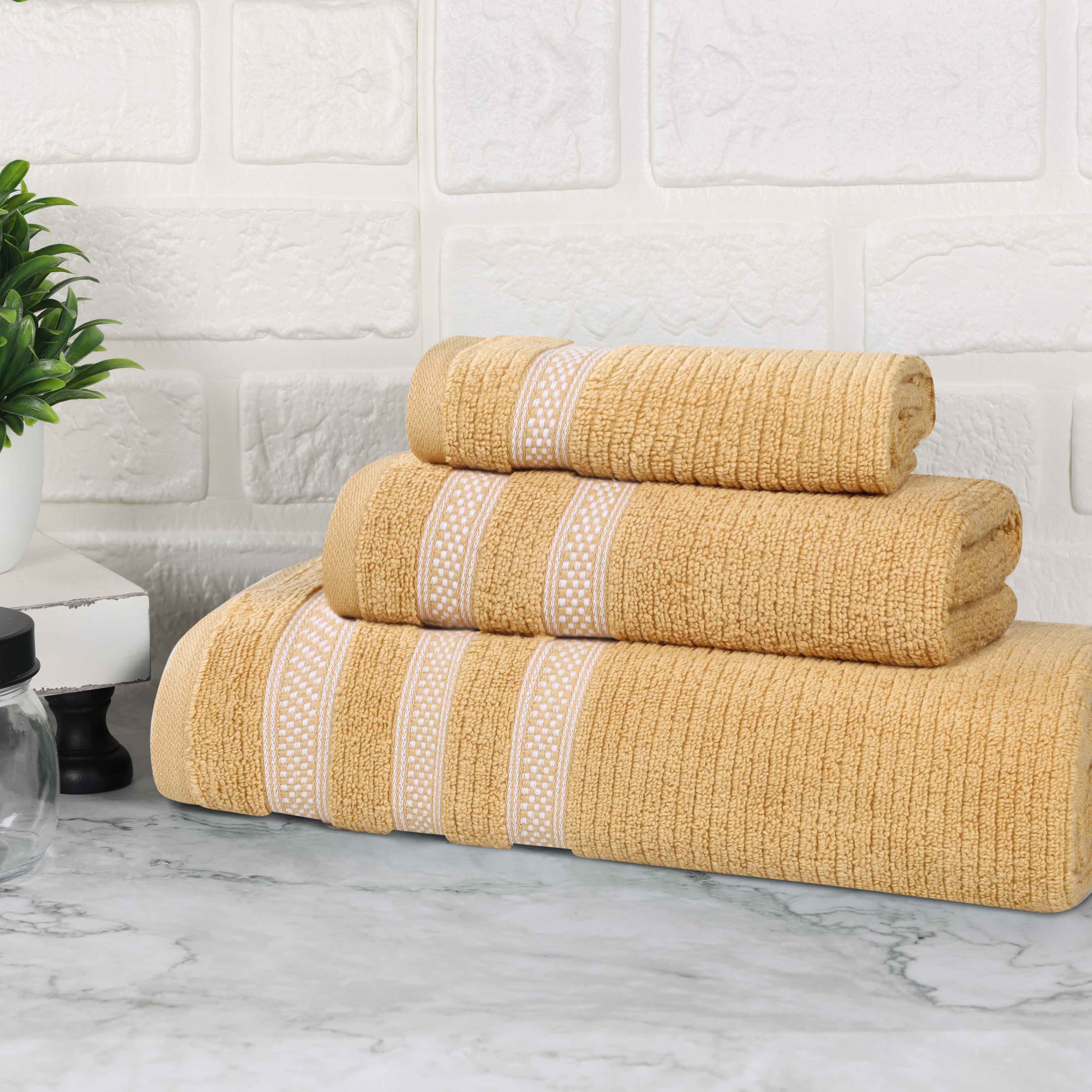 Premium Zero Twist Cotton Ribbed Geometric Border Plush 3-Piece Bath Towel Set - Ultra Soft & Absorbent for Spa, Bathroom & Luxury Home Use