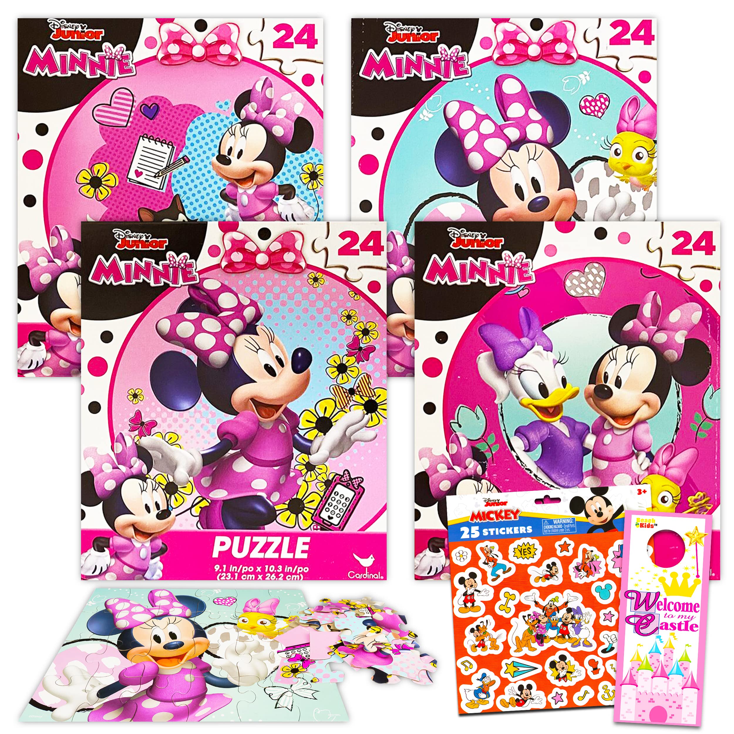 Disney Minnie Mouse Jigsaw Puzzle Bundle - 4 Pack 24-Piece Puzzles with Disney Junior Stickers | Perfect for Kids Birthday Parties, Family Game Nights & Educational Activities (Minnie Mouse Party Favors & Learning Games for Children)