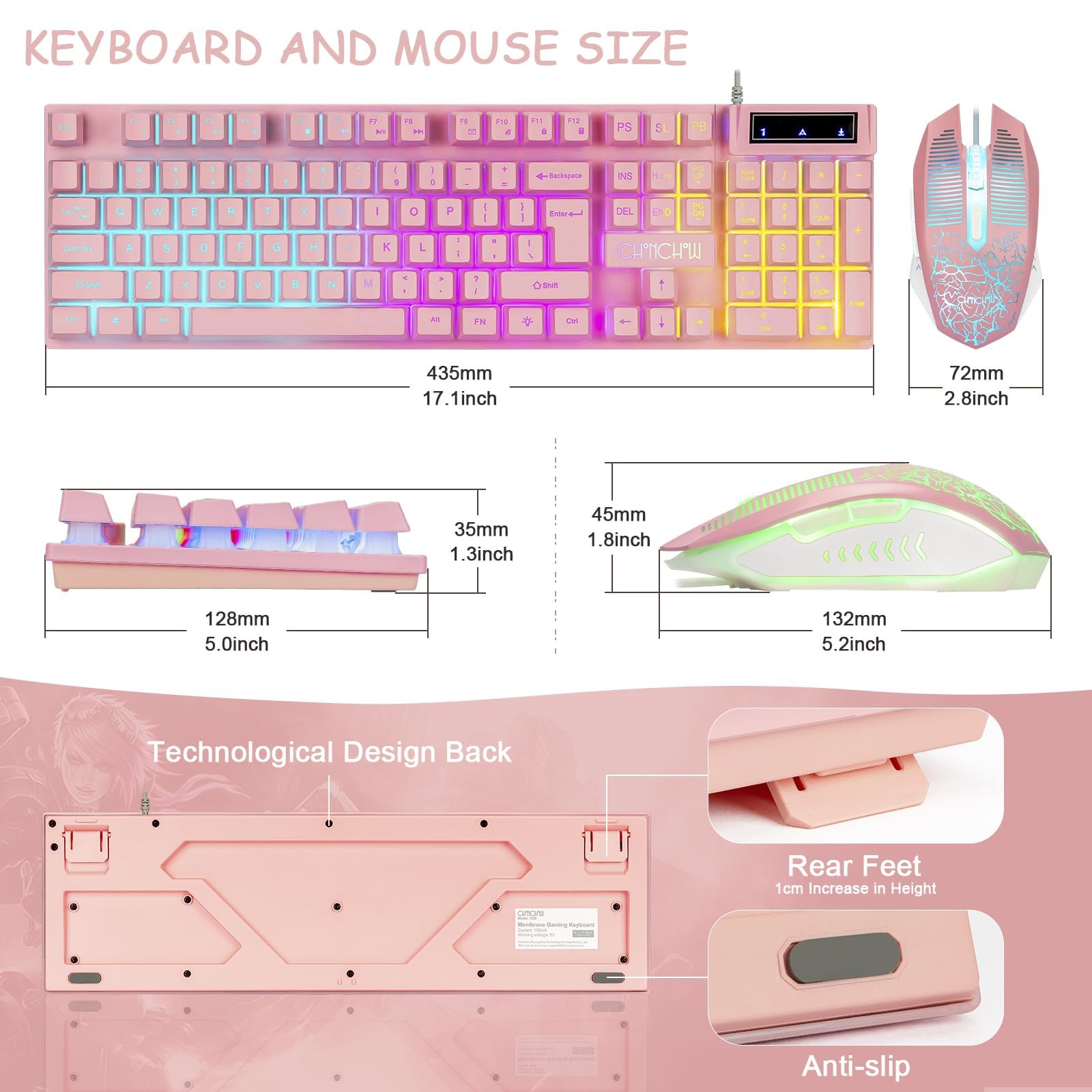 Pink Gaming Keyboard & Mouse Combo with Backlit, RGB for PC, Mac, PS4 - Perfect for Girls & Women Gamers