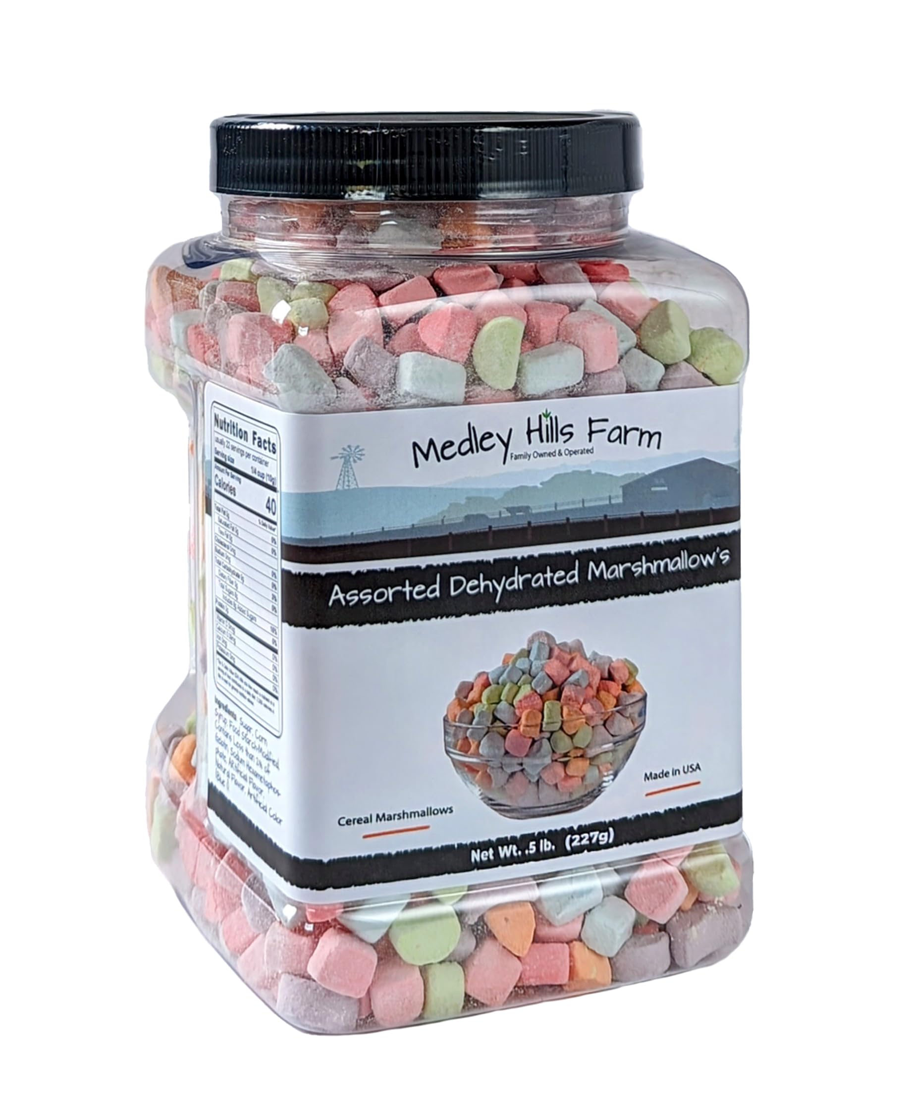 Medley Hills Farm Assorted Dehydrated Marshmallows in Reusable Container - Perfect for Cereal, Baking & Camping Snacks