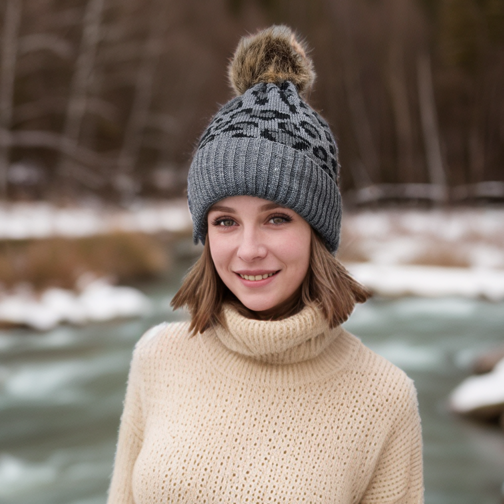 Fashionable Grey Animal Print PomPom Beanie - Cozy Winter Hat for Women & Men - Perfect for Outdoor Activities, Skiing, and Casual Wear