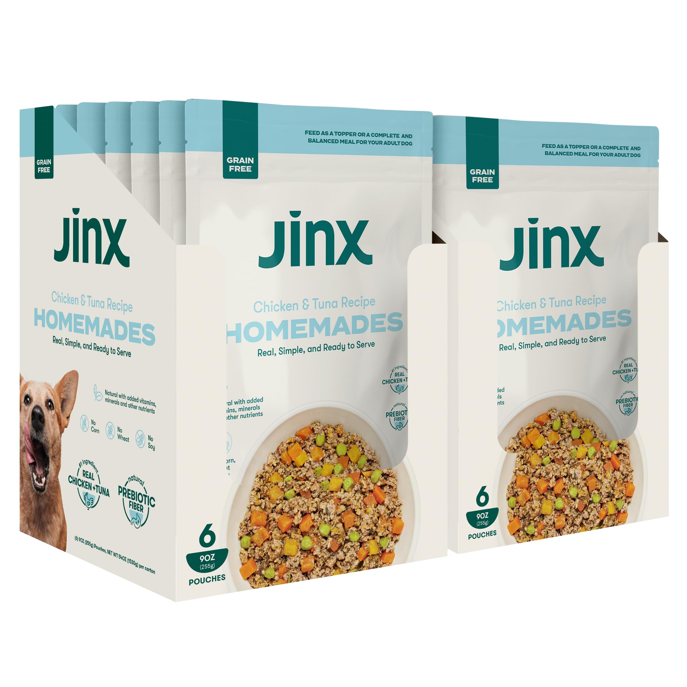 **Jinx Homemade Natural Wet Dog Food & Meal Topper - Chicken & Tuna Recipe with Bone Broth & Biotin - Grain-Free, No Fillers - for Adult & Senior Dogs - 9 oz Pouches (12-Pack) - Perfect for Topping Kibble or Mixing into Meals**