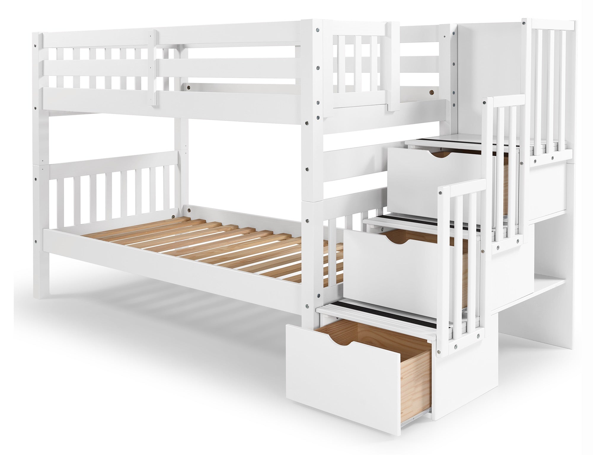 Twin Over Twin Bunk Beds with Staircase - White Wooden Loft Bed for Kids & Teens - Perfect for Small Bedrooms, Guest Rooms & Vacation Homes