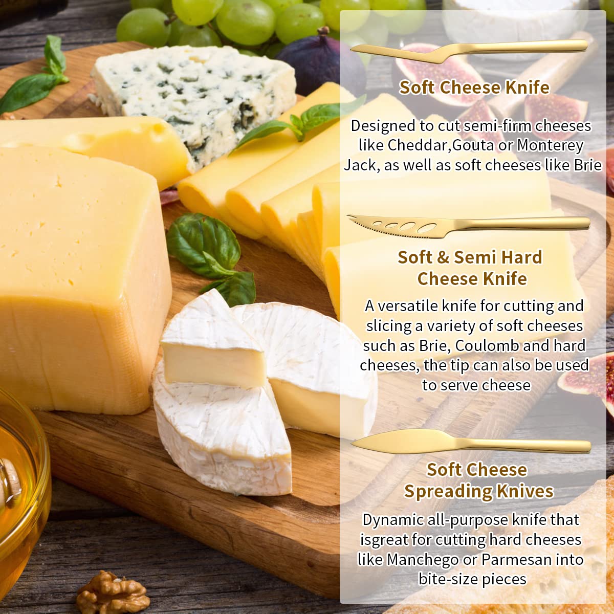 Premium Kyraton Gold Cheese Knife Set of 3 - Titanium Plated Cheese Slicer, Butter Knife & Cheese Cutter - Ergonomic Design for Hard & Soft Cheeses - Perfect for Charcuterie Boards, Wine Pairings & Dinner Parties