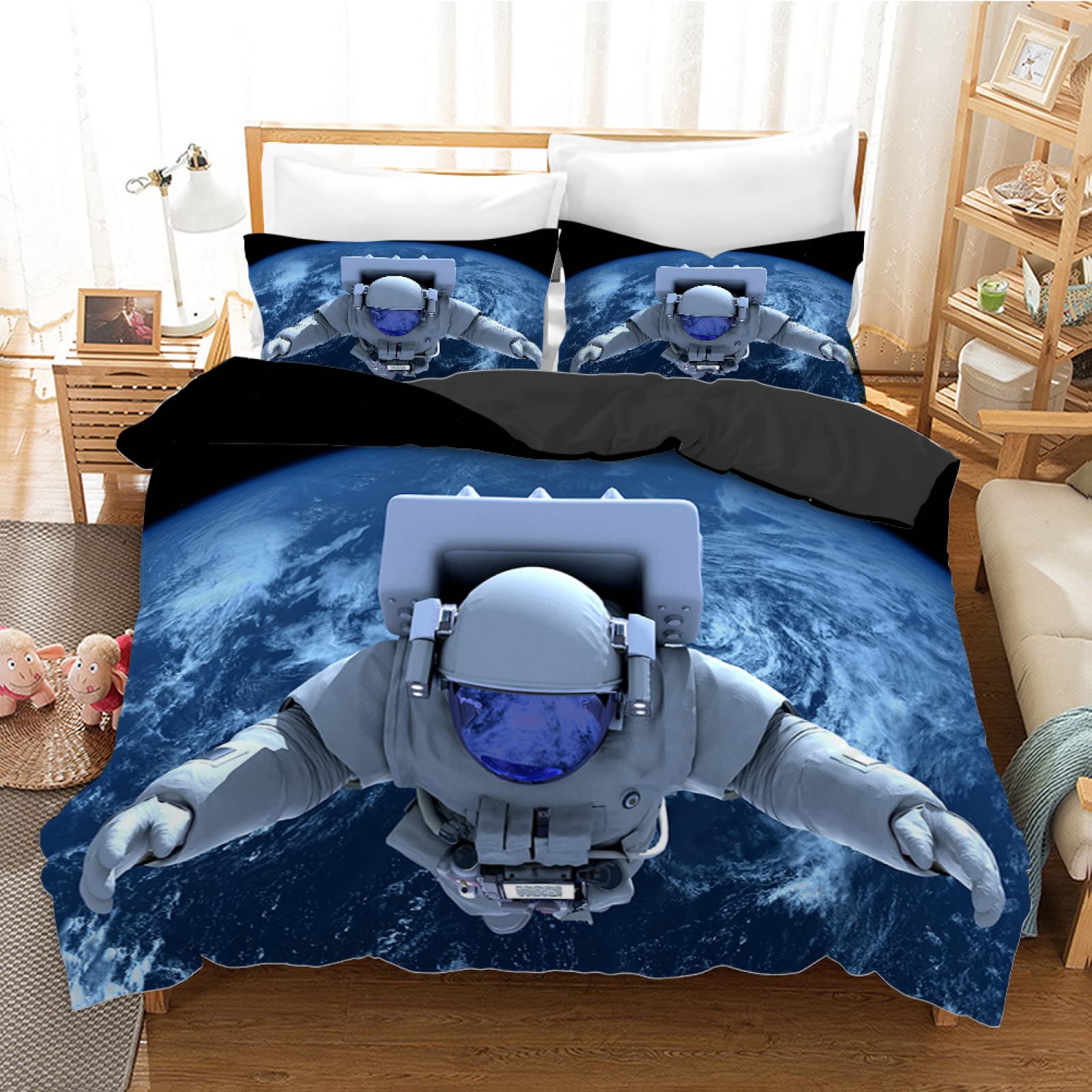 Queen Size Blue Astronaut Duvet Cover Set - 3 Piece Soft Brushed Microfiber Comforter Cover with Zipper Closure (Includes 2 Pillow Shams 20×26 inches) for Men & Women - Perfect for Space-Themed Bedrooms, Kids Rooms & Gift Giving